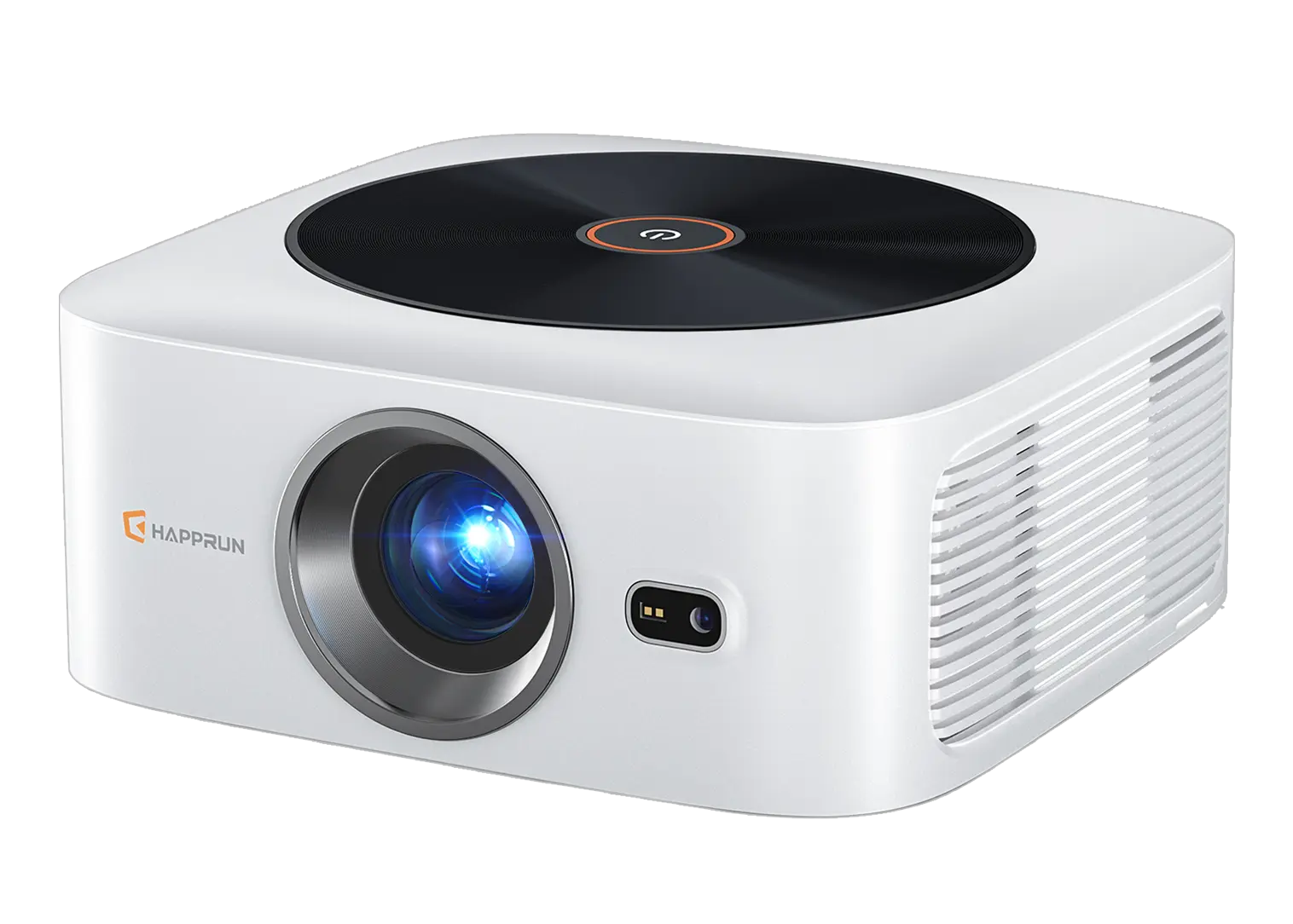 HAPPRUN J7 white projector, front three-quarter view with lens, sensor window and top power button