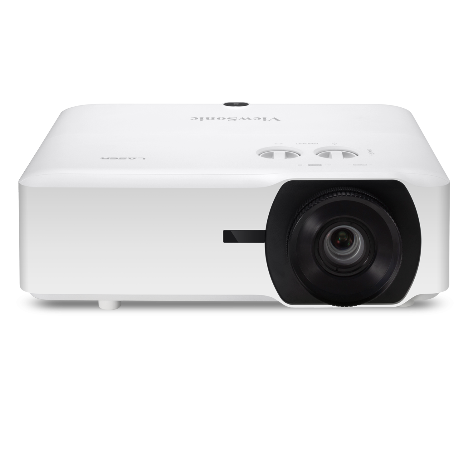 ViewSonic LS920WU white laser projector seen from the front, with the zoom lens at the lower right and lens shift dials on top