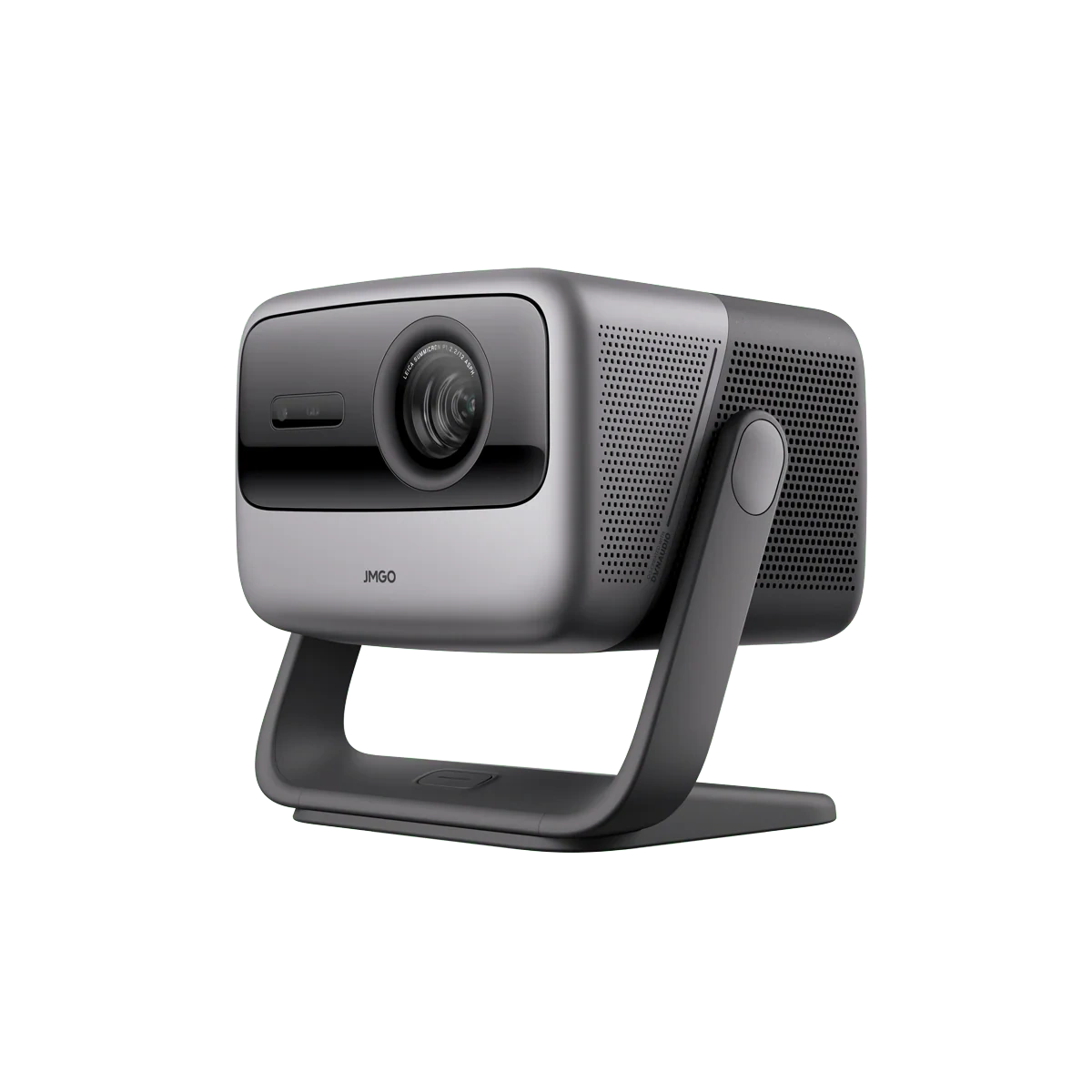 JMGO N1S Ultra projector on its gimbal stand, front right three-quarter view, grey body with black lens panel