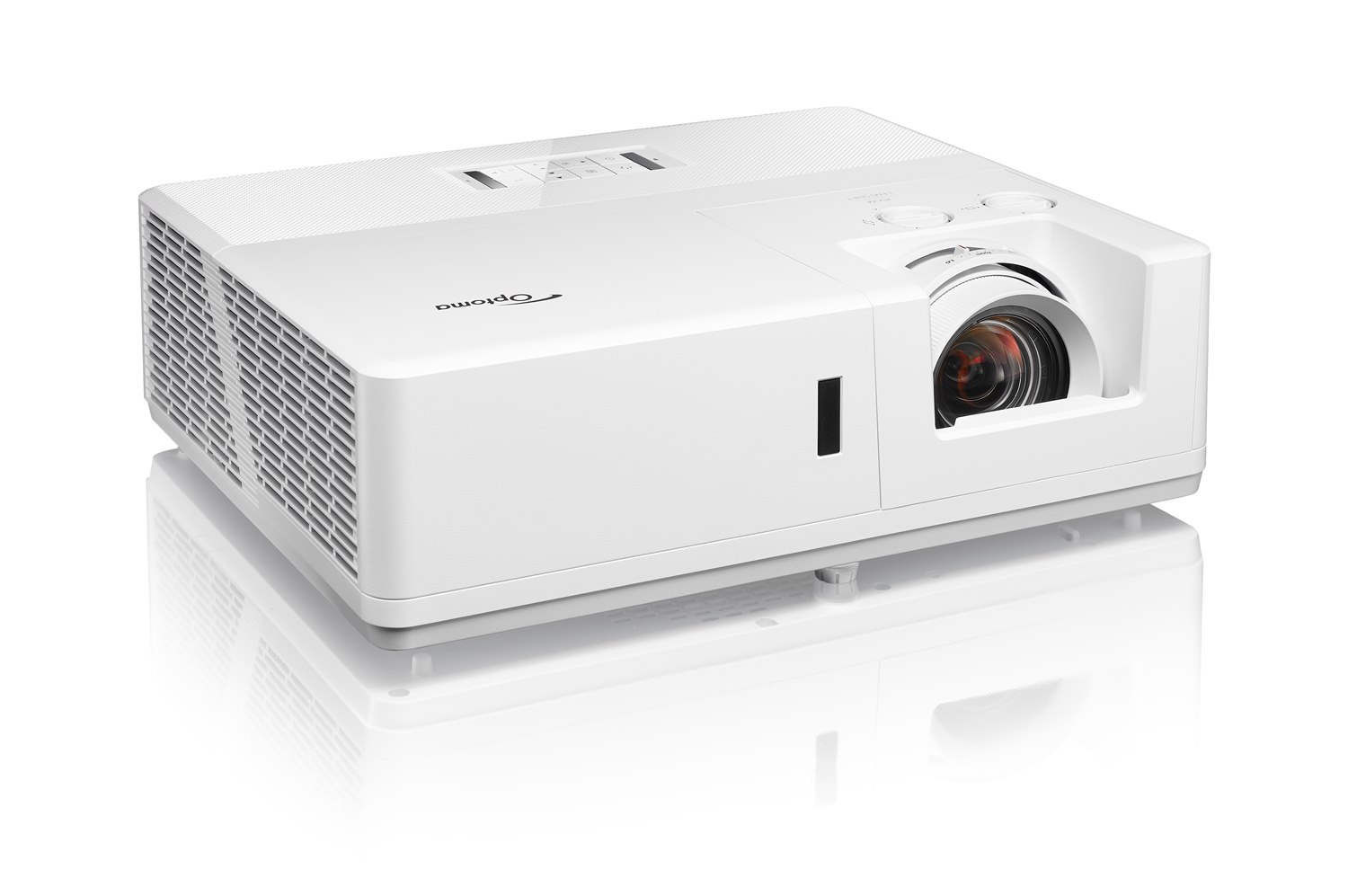 Optoma ZU707T white laser projector, front three-quarter view from the left