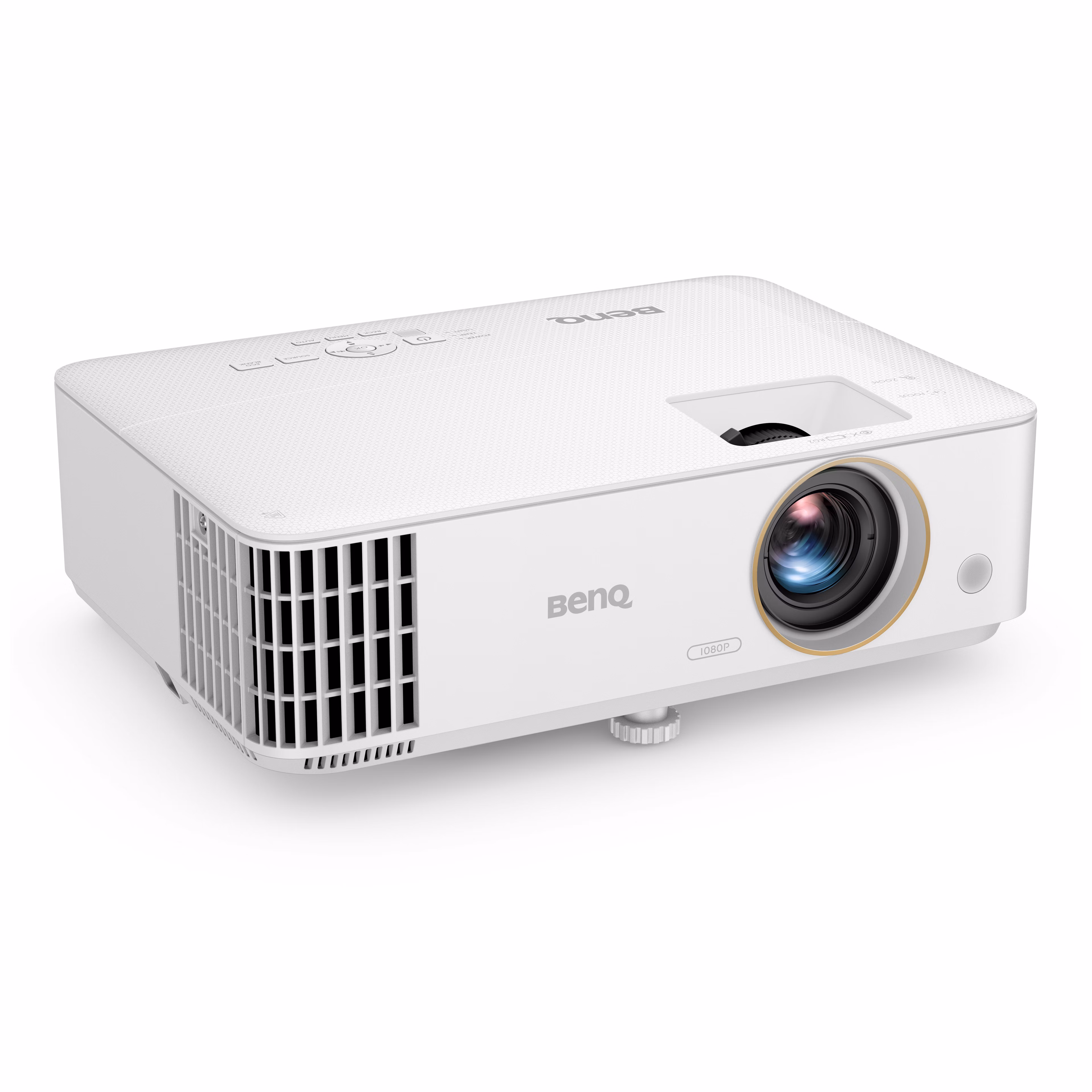 BenQ TH585P white projector with a gold-ringed lens, front three-quarter view