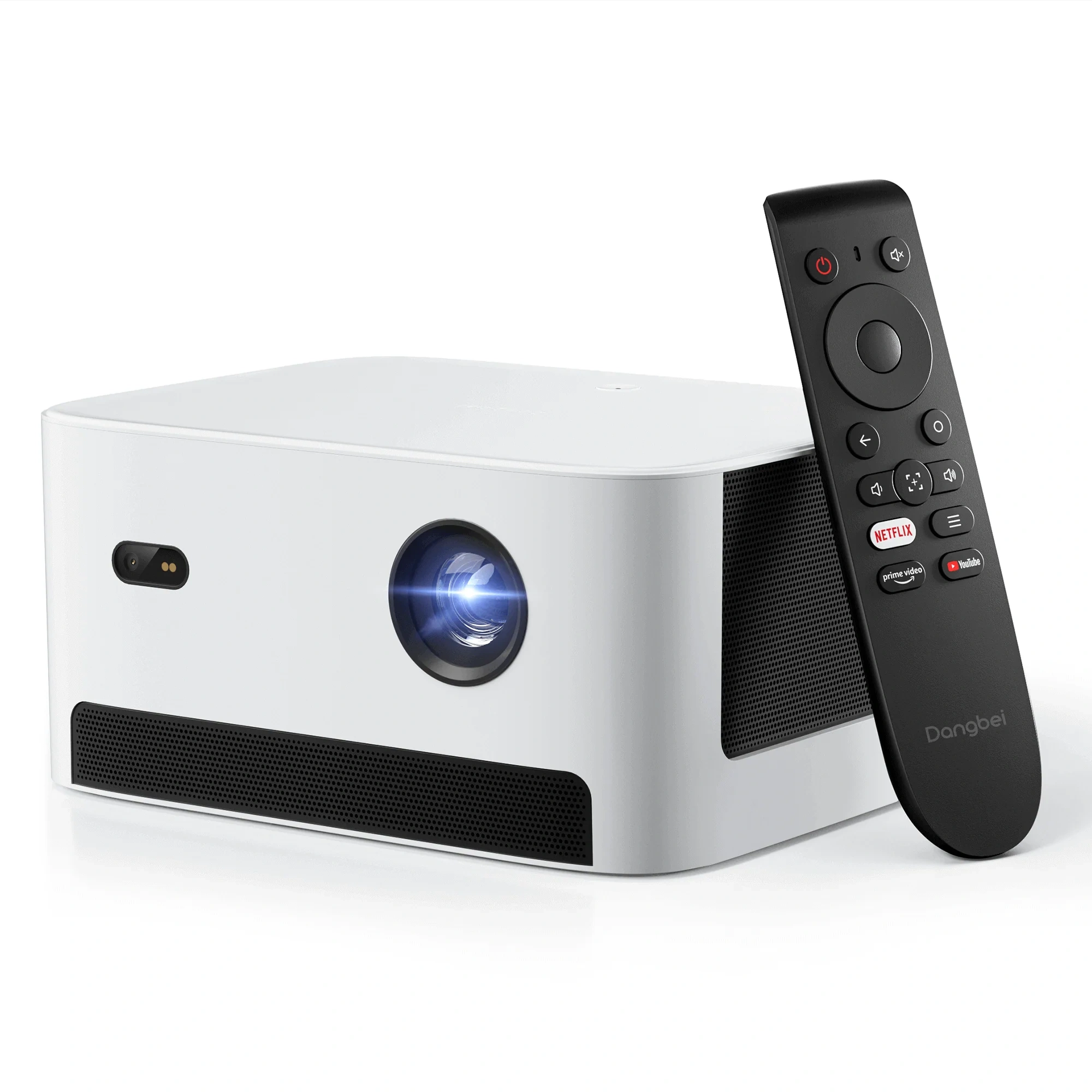 White Dangbei Neo projector, front three-quarter view with the lens and sensor window, beside its black remote with Netflix, Prime Video and YouTube buttons