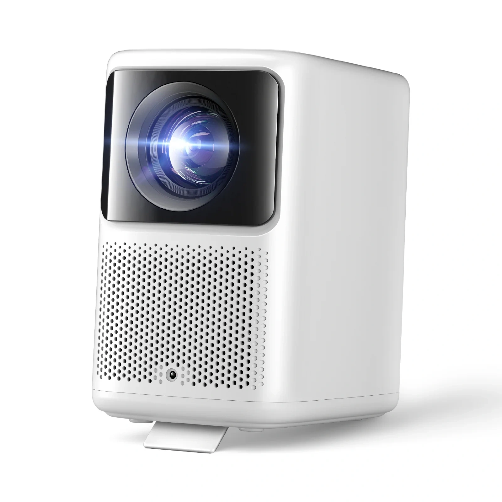 White Dangbei N2 projector, front three-quarter view with the lens, perforated speaker grille, camera and fold-out kickstand