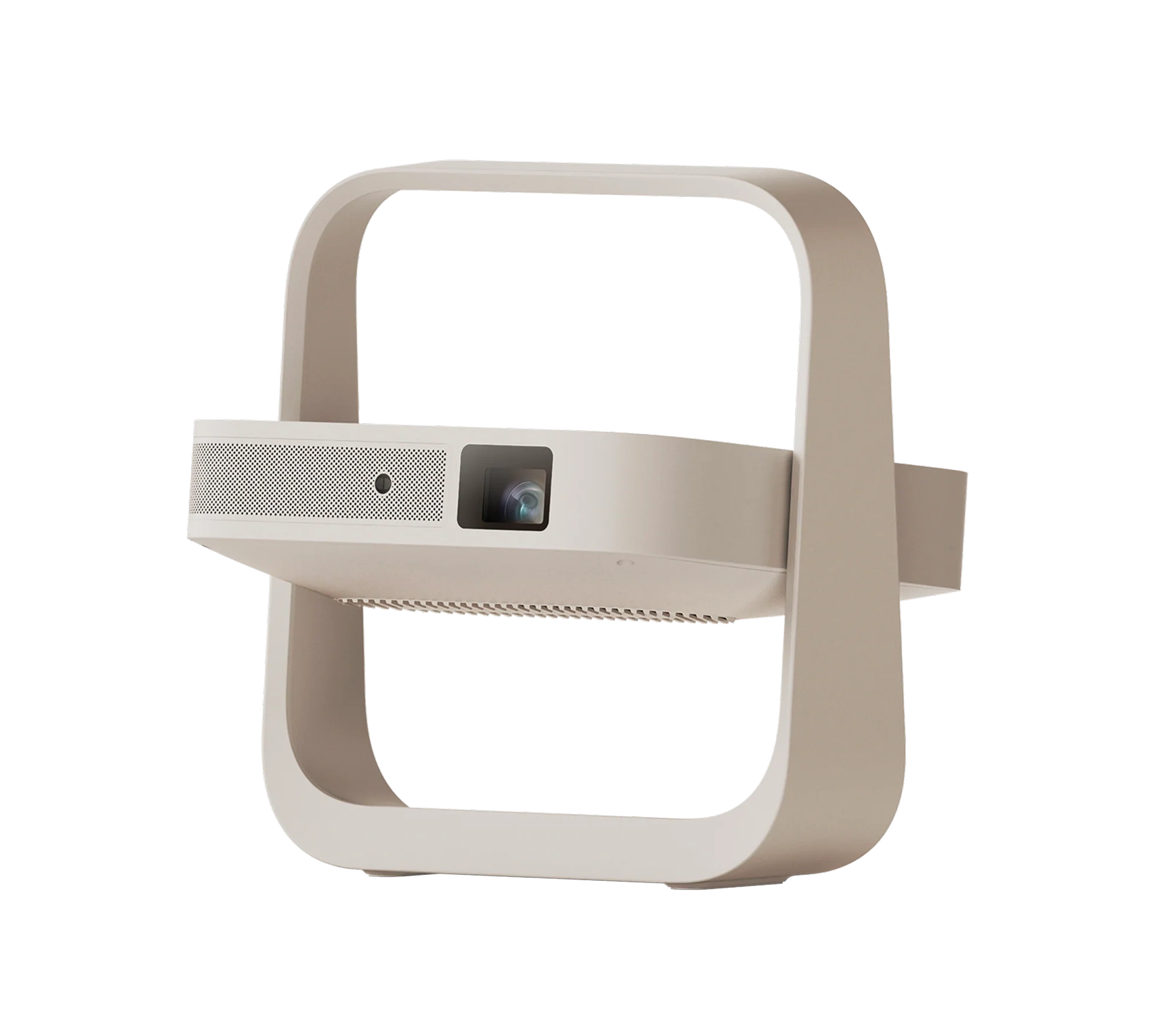 XGIMI Elfin Flip Plus in its C-shaped flip stand, front three-quarter view showing the lens, sensor and speaker grille, beige finish