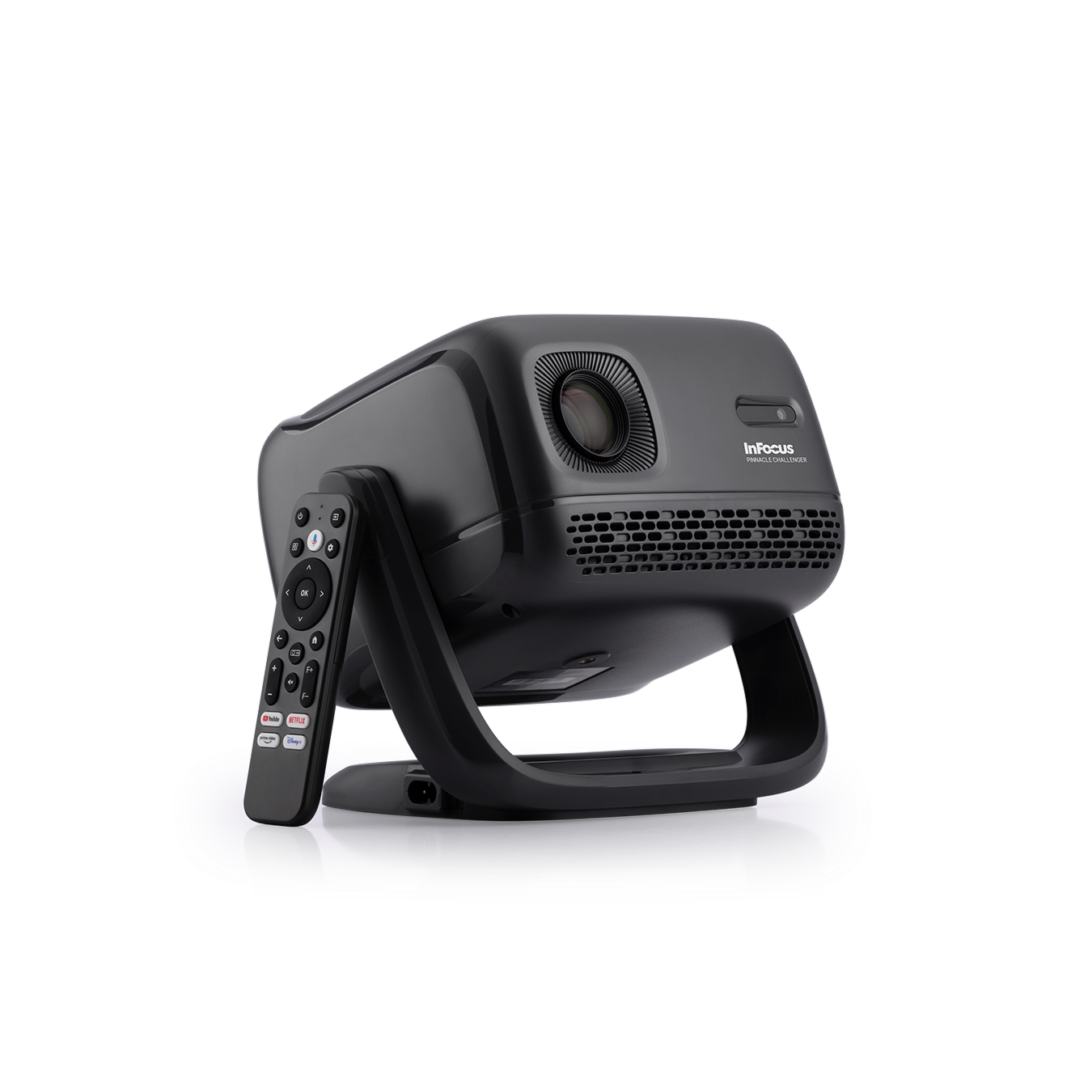 InFocus Pinnacle Challenger front three-quarter view, black body on its U-shaped stand with the voice remote leaning against it