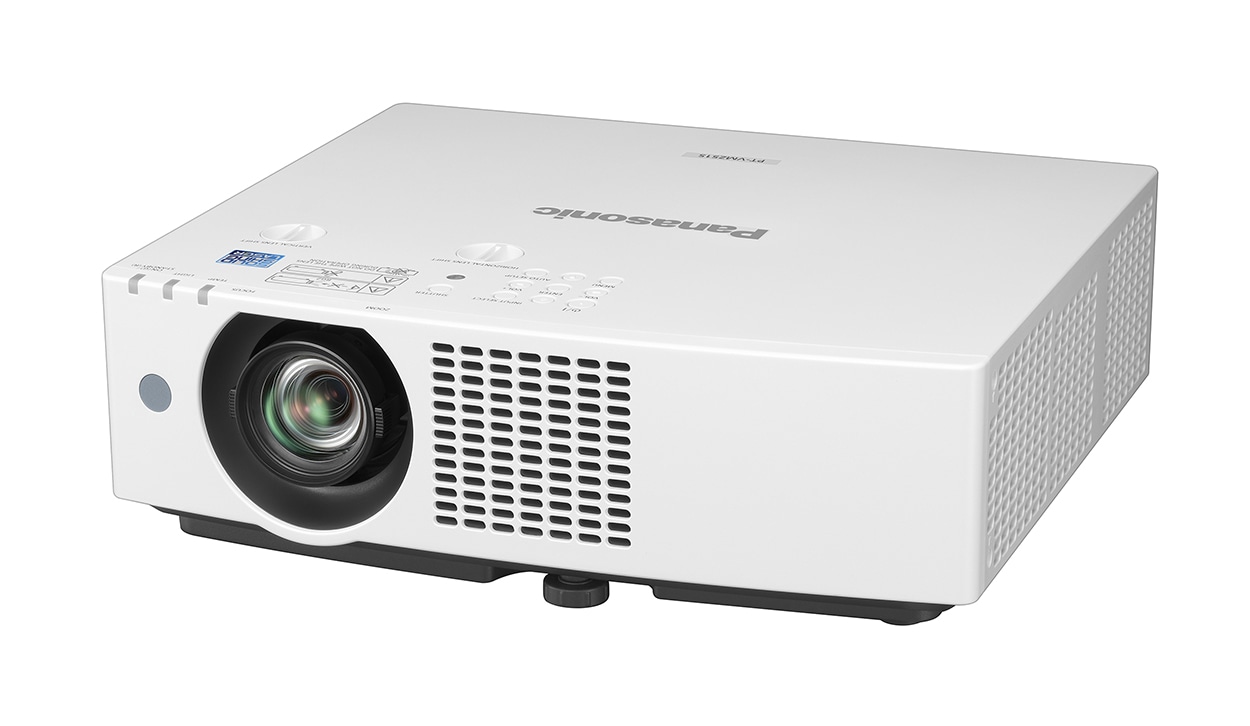 Panasonic PT-VMZ51S white portable projector, angled front view from the left