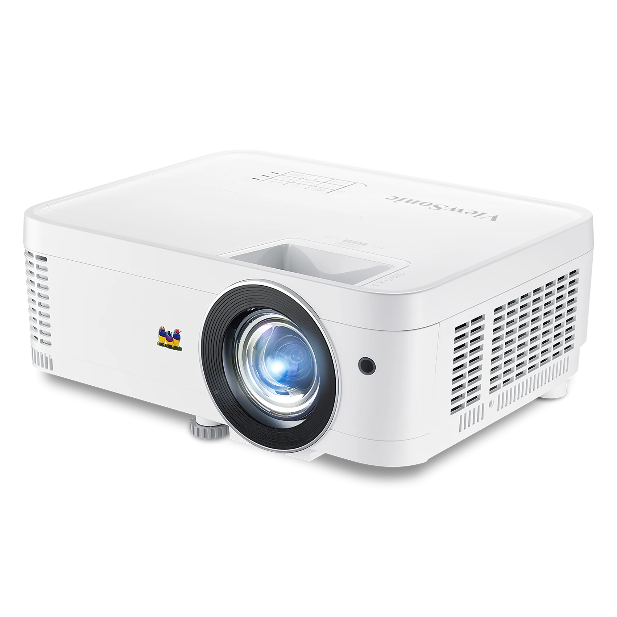 ViewSonic PX706HD white projector, front three-quarter view from the left, short-throw lens at front