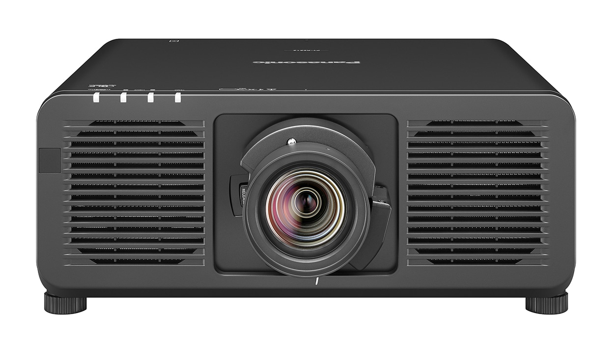 Panasonic PT-REZ12 black installation projector, front view with the supplied zoom lens