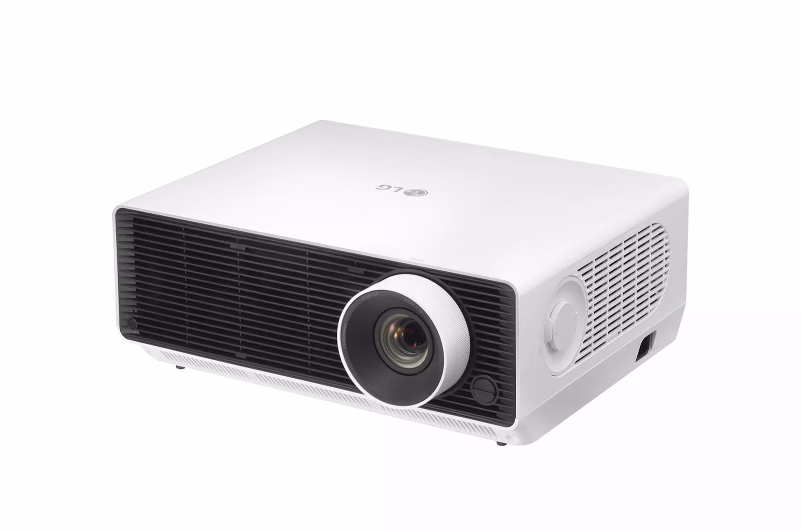 LG GRU510N laser projector, white body with black vented front panel and offset lens, front three-quarter view from the left