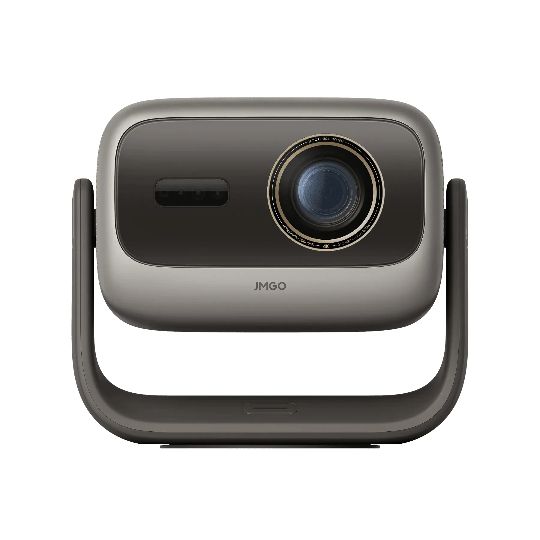 JMGO N3 Ultimate projector seen from the front on its gimbal stand, showing the lens, sensor window and JMGO logo