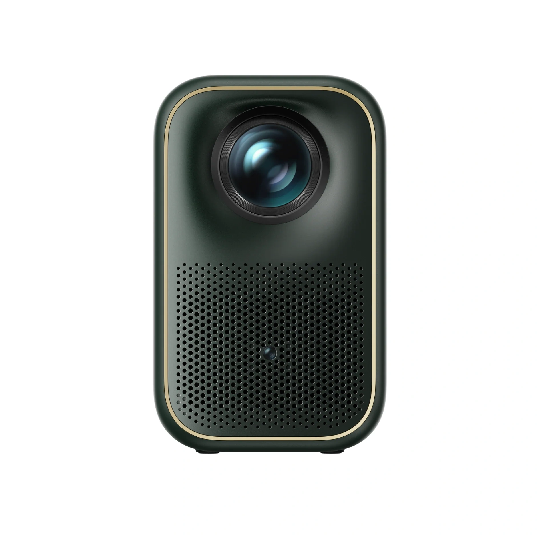Formovie Xming Page One front view, dark green with gold trim, lens above a perforated speaker grille