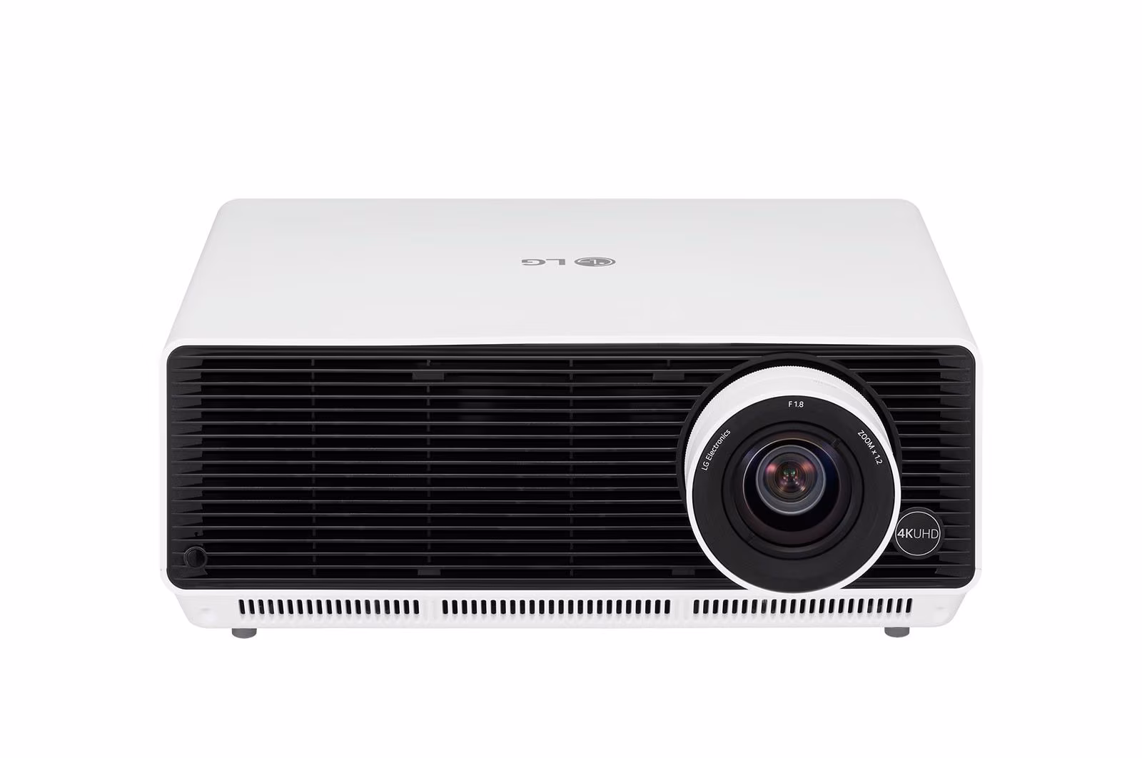 LG BU53RG projector, front view, white body with a black vented front panel and the lens at the right