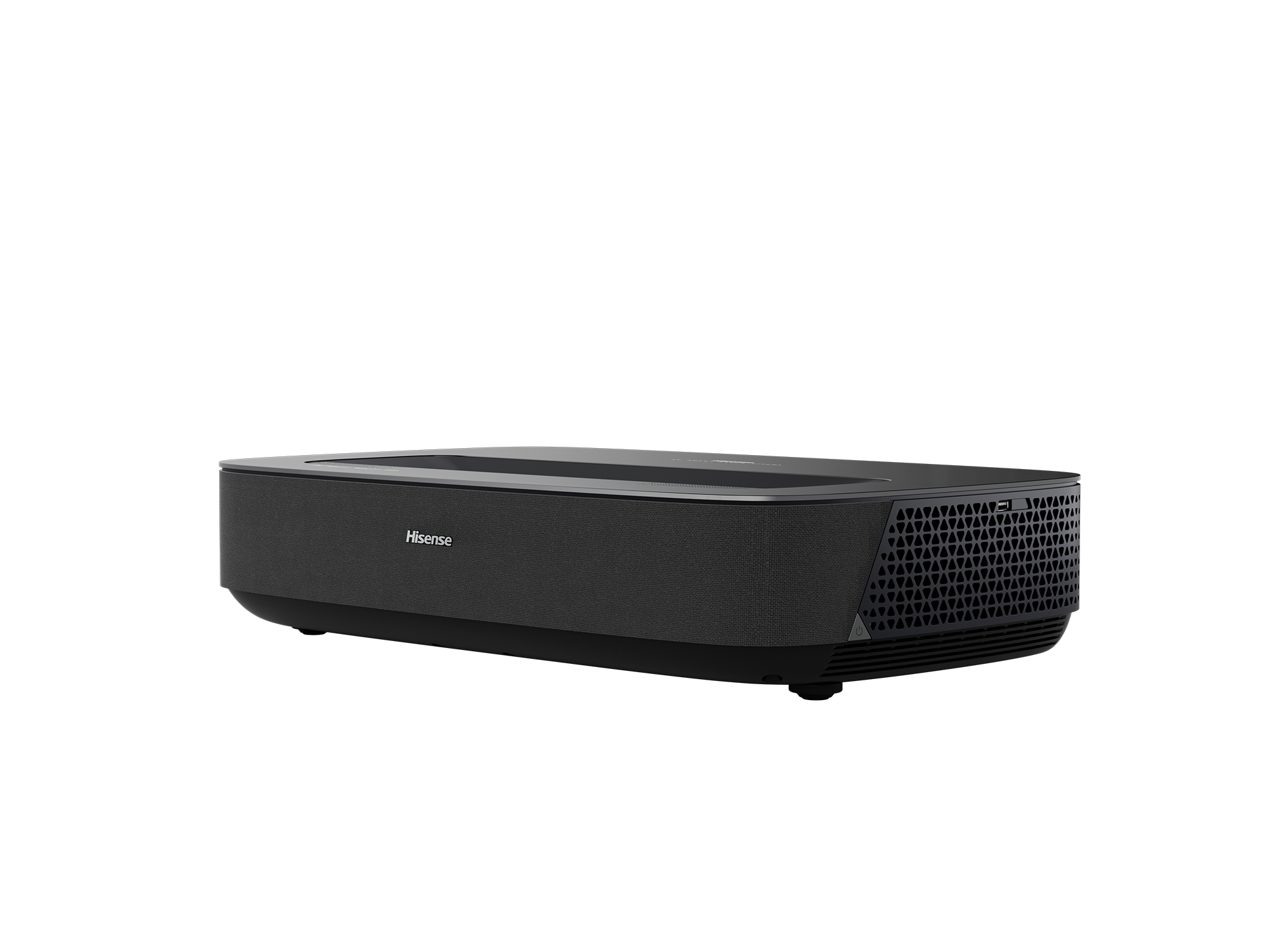 Hisense PL1 ultra-short-throw laser projector in black, front three-quarter view from the left showing the Hisense logo and side vents