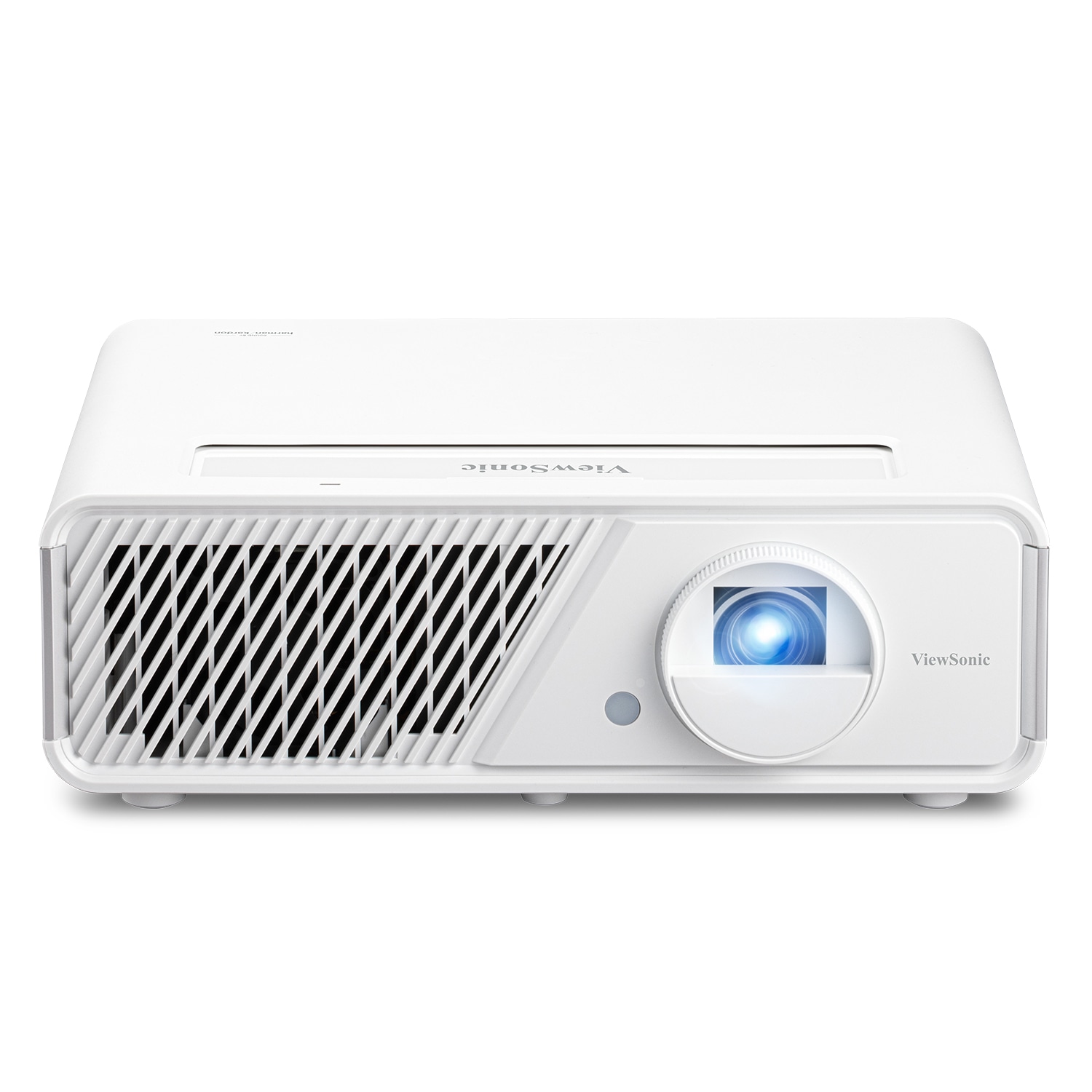 ViewSonic X1 white projector seen from the front, with a ventilation grille on the left and the lens on the right