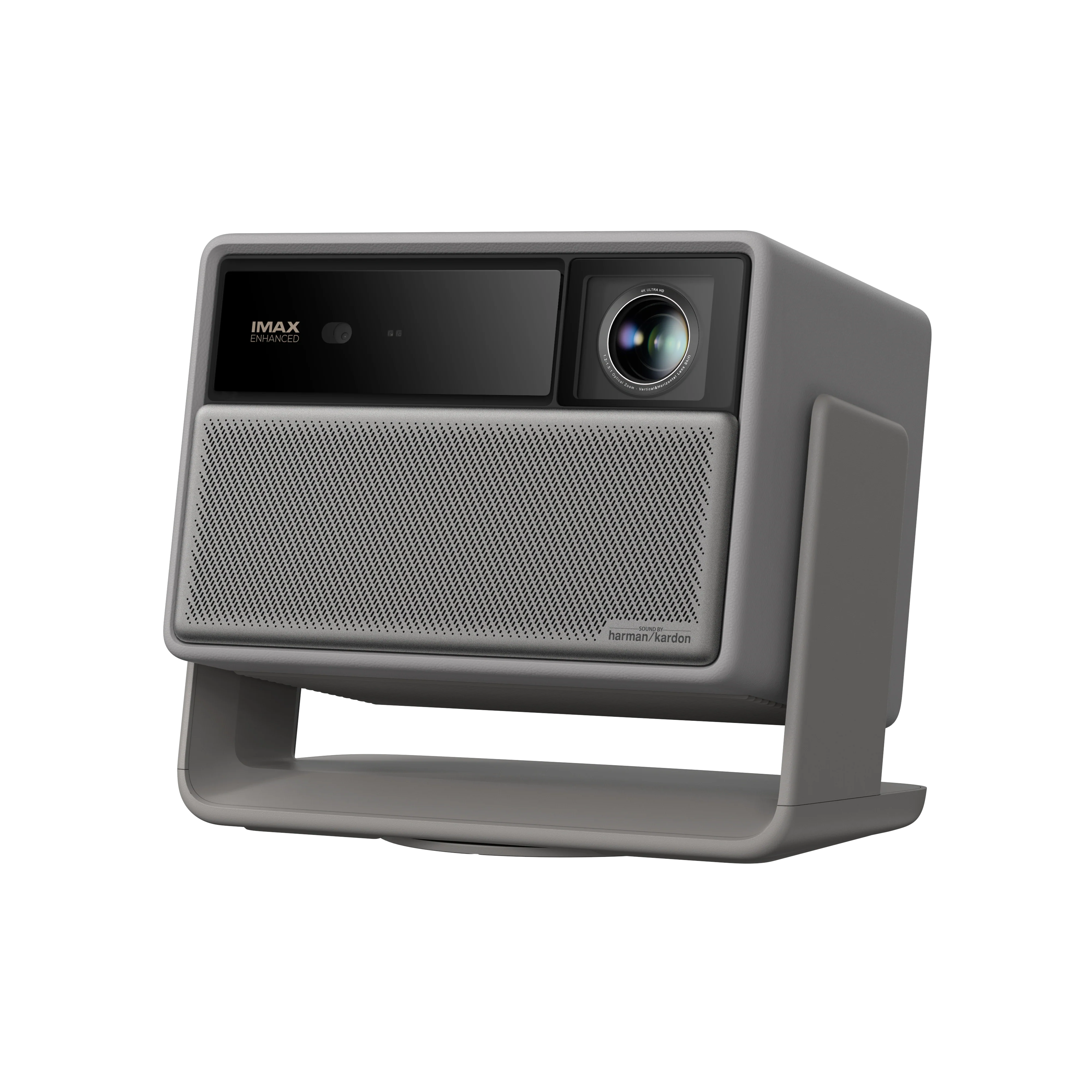 XGIMI HORIZON 20 front three-quarter view, grey body with the lens at the top right and a Harman/Kardon speaker grille