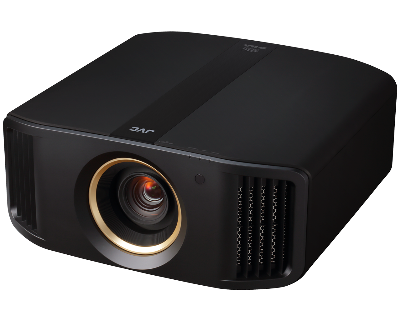 JVC DLA-RS3200 projector in black, front three-quarter view from the right, with the round lens ringed in gold, JVC logo and 8K e-shift D-ILA marking on the top strip