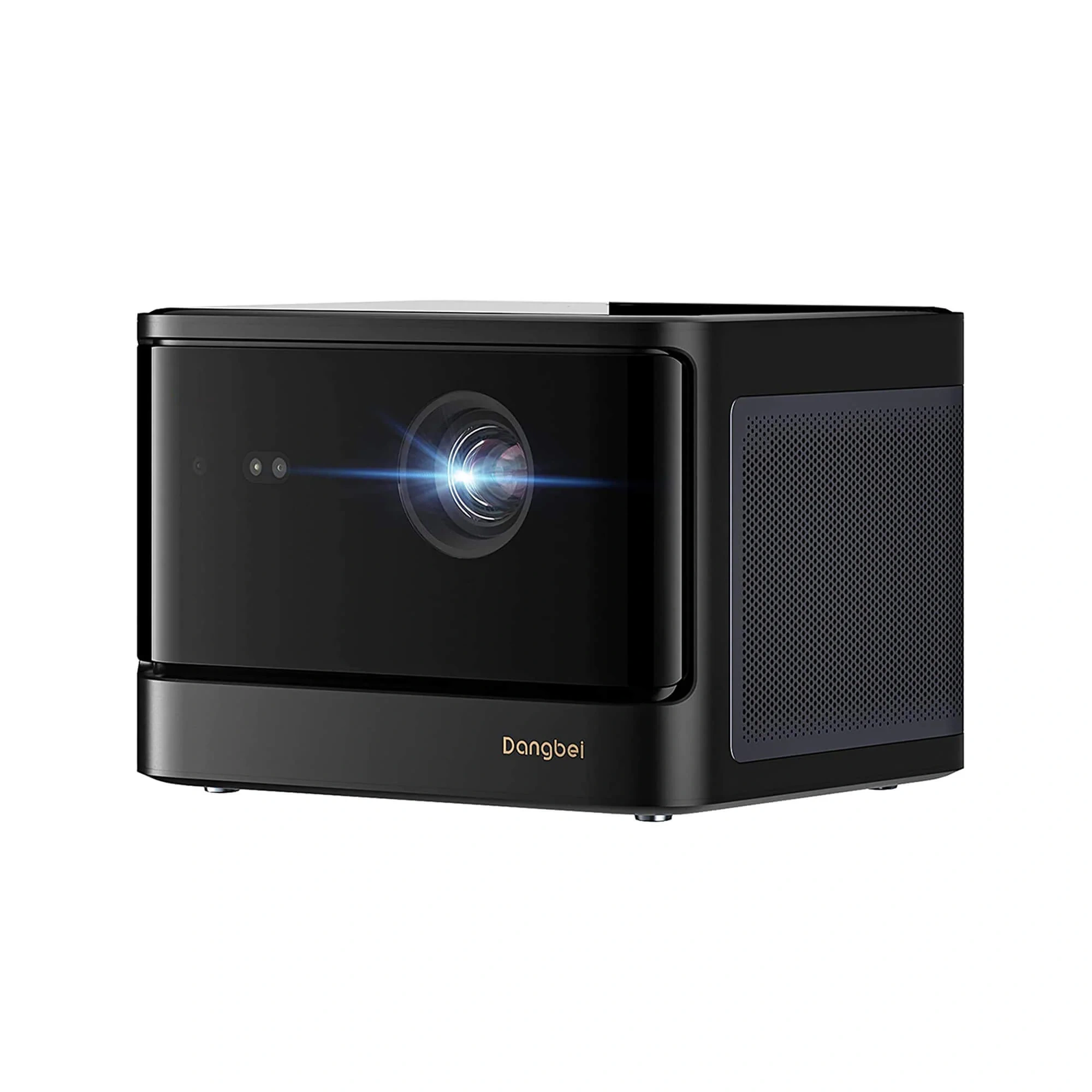 Black Dangbei DBOX01 Mars projector, front three-quarter view with the lens glowing blue and a perforated side grille