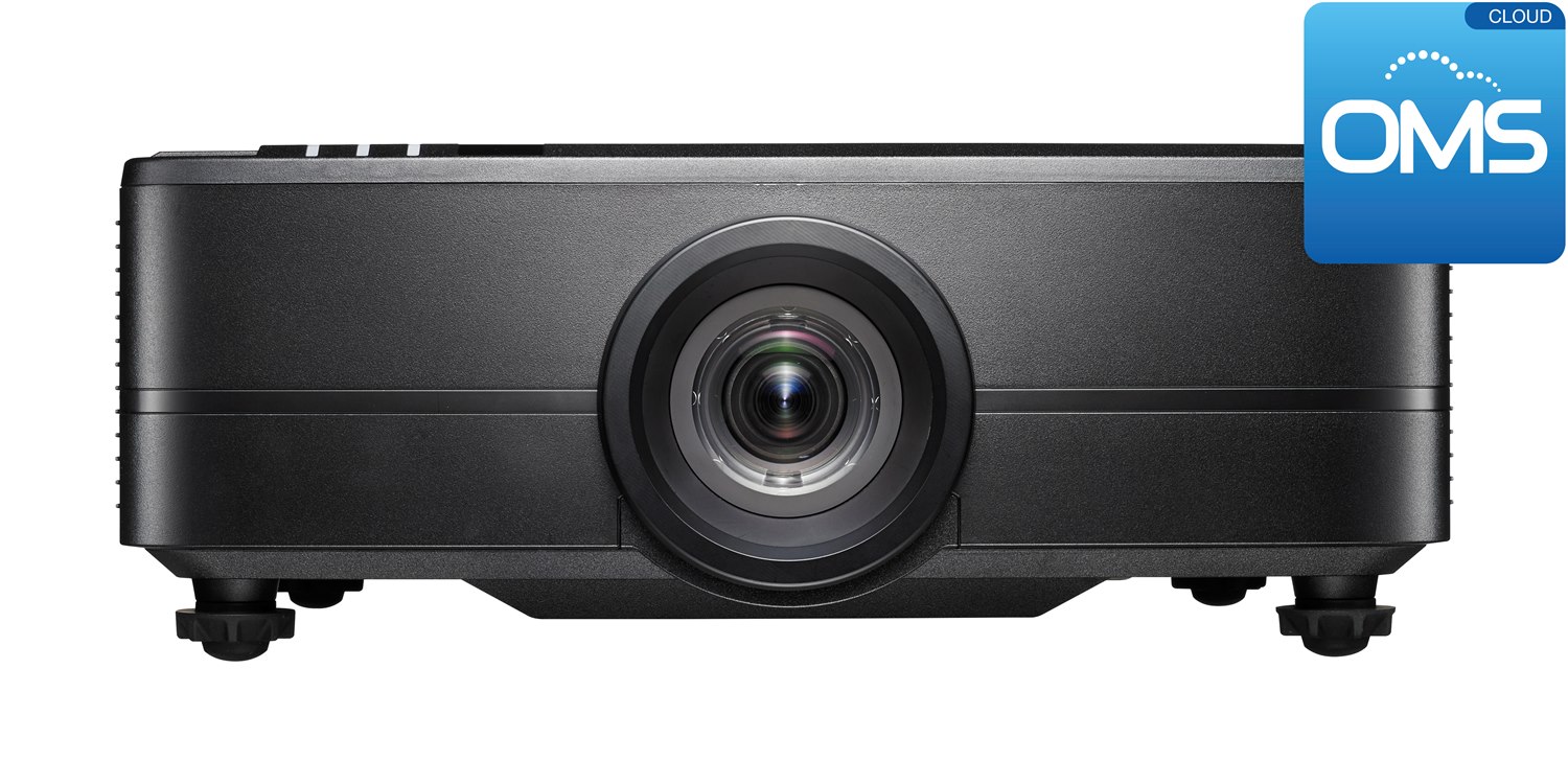 Optoma ProScene ZU820TST in black, straight-on front view showing the short-throw lens, with an OMS Cloud badge in the corner