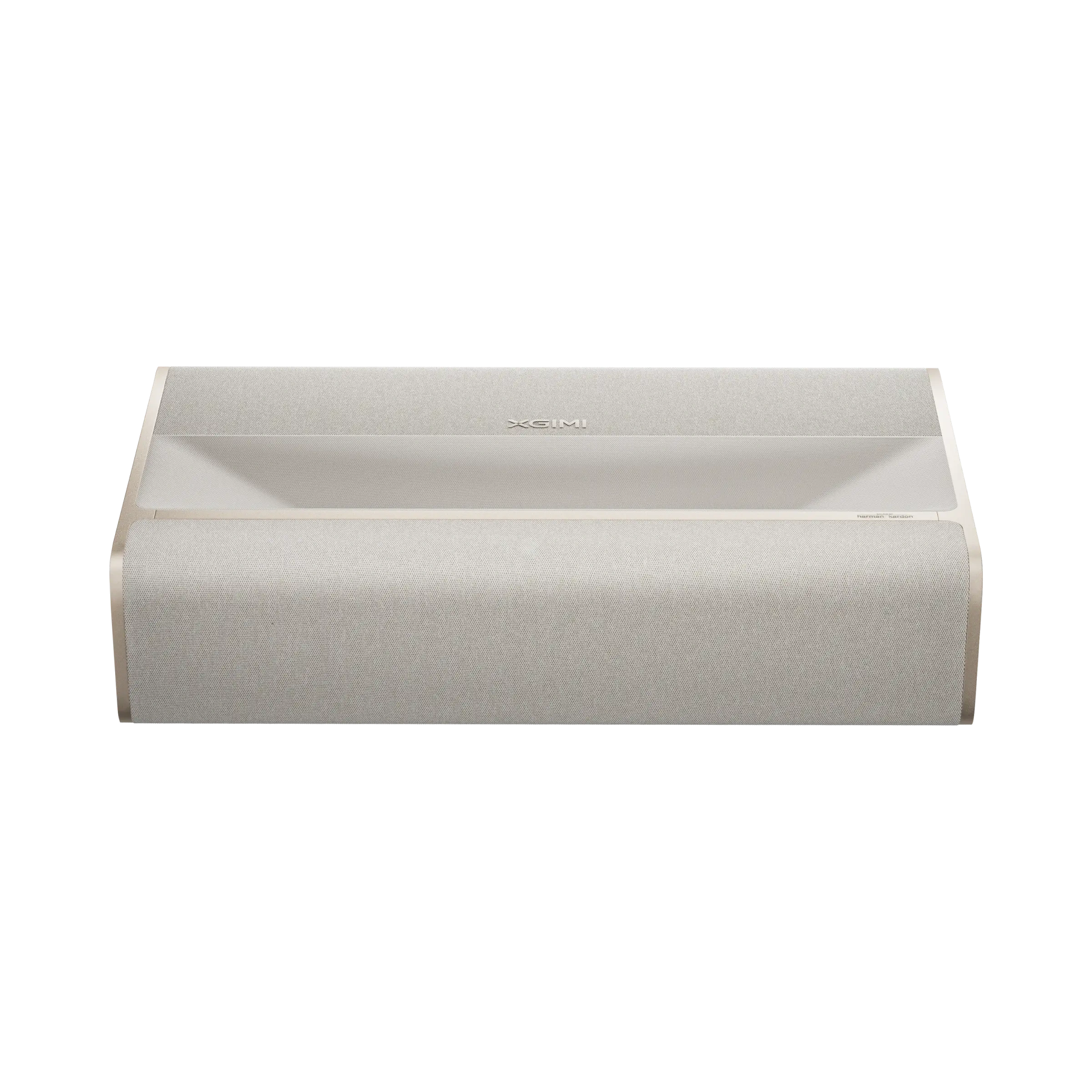 XGIMI MIRA Pro ultra-short-throw projector, front view in Moonlight Sand fabric with the XGIMI logo and Harman Kardon mark