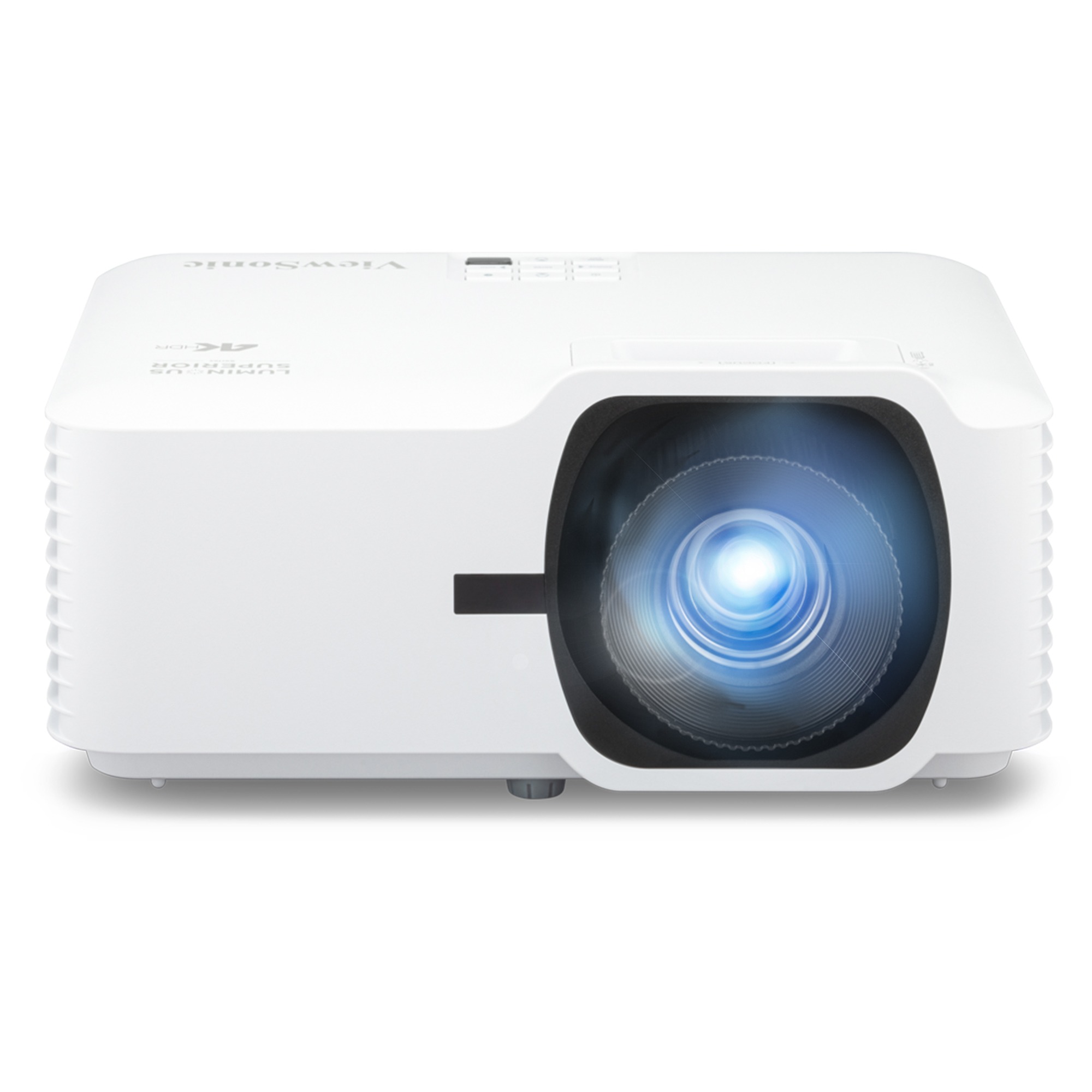 ViewSonic LS740-4K white laser projector, front view with lens and top keypad