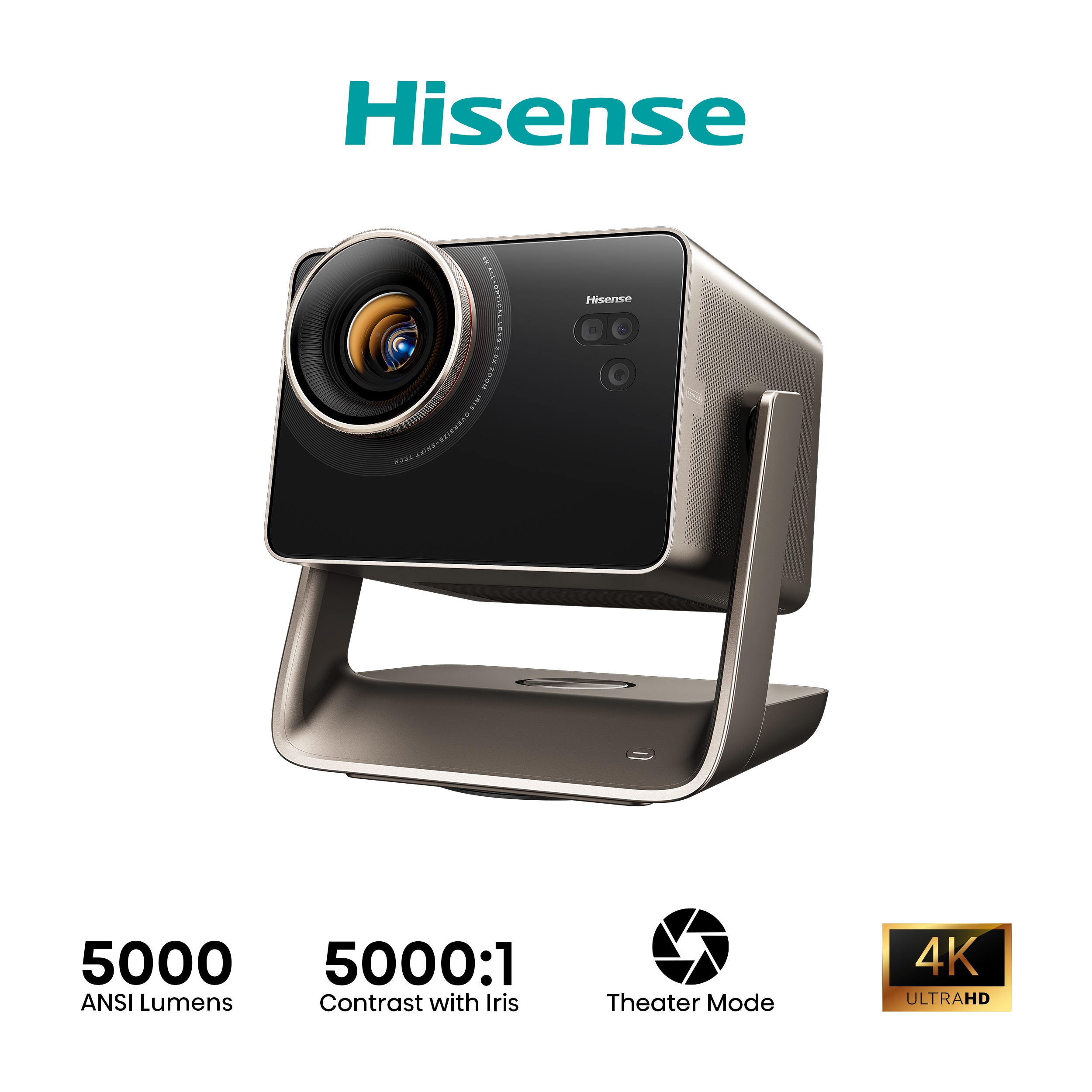 Hisense C3 Ultra Max front three-quarter view: black square body with a large round lens and three sensor windows, held in a champagne-grey single-arm gimbal stand