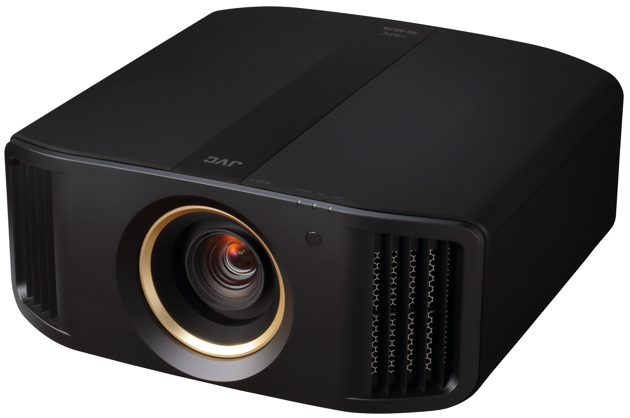 JVC DLA-RS1100 projector in black, front three-quarter view from the right, with the round lens in a gold ring and the JVC logo on the top strip