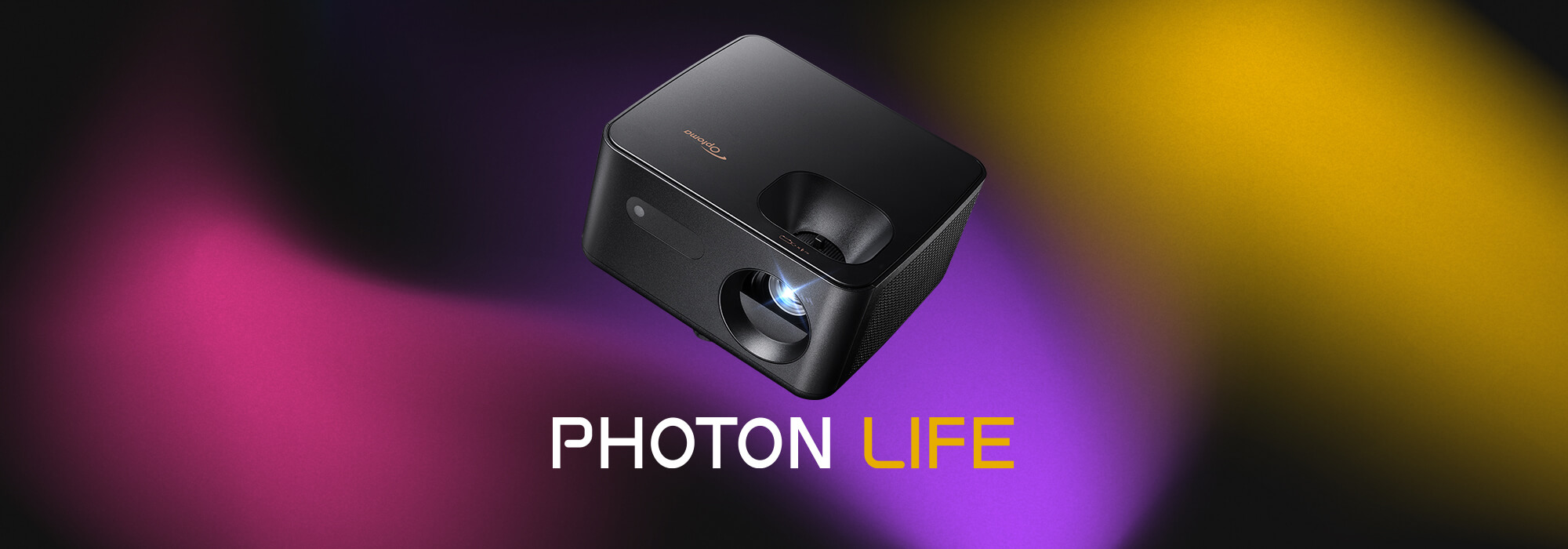 Optoma Photon Life projector, black, front three-quarter view from above, on a dark gradient background with the Photon Life logo