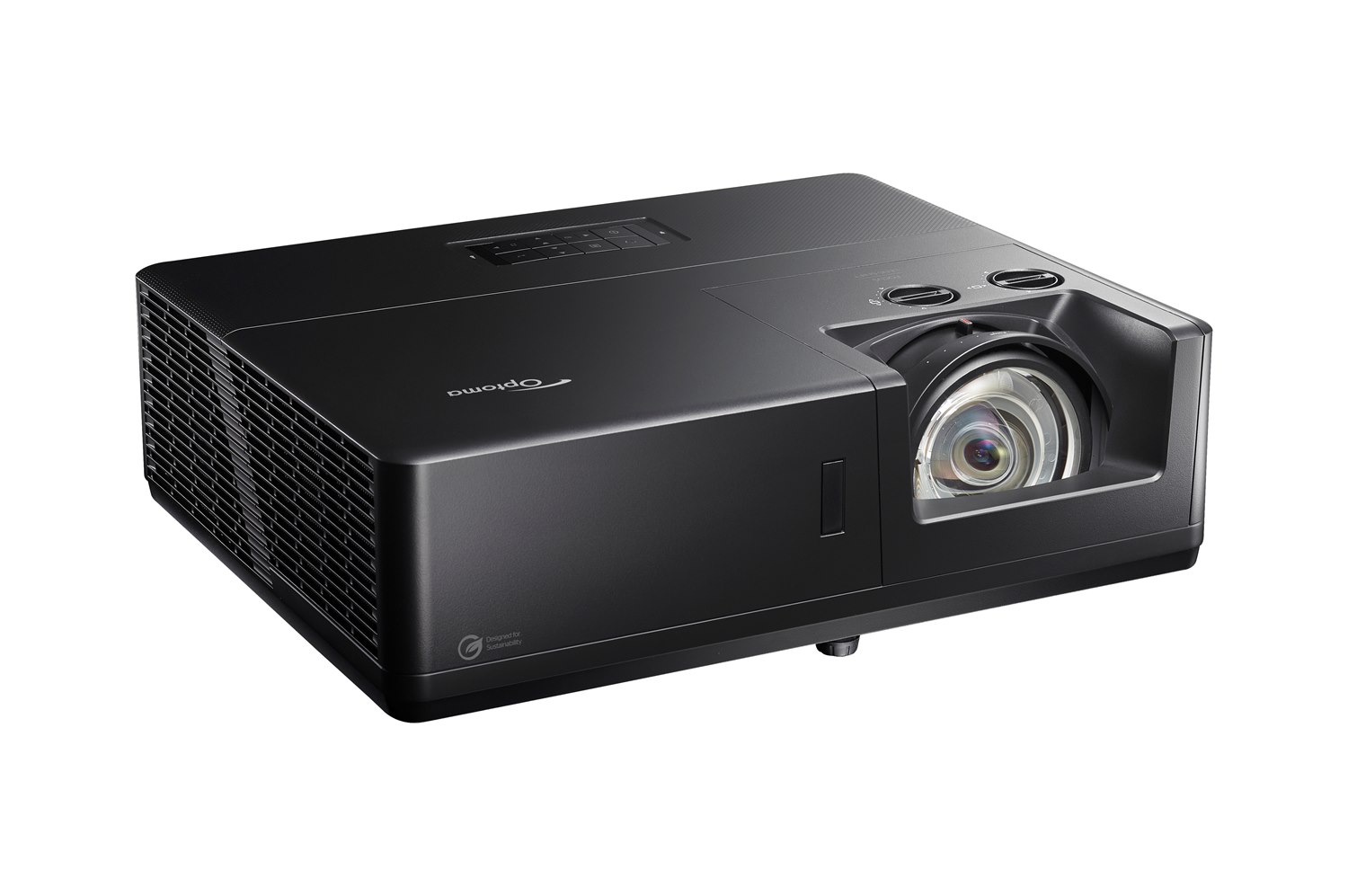 Optoma ZU507TST black short throw laser projector, front three-quarter view showing the lens recess