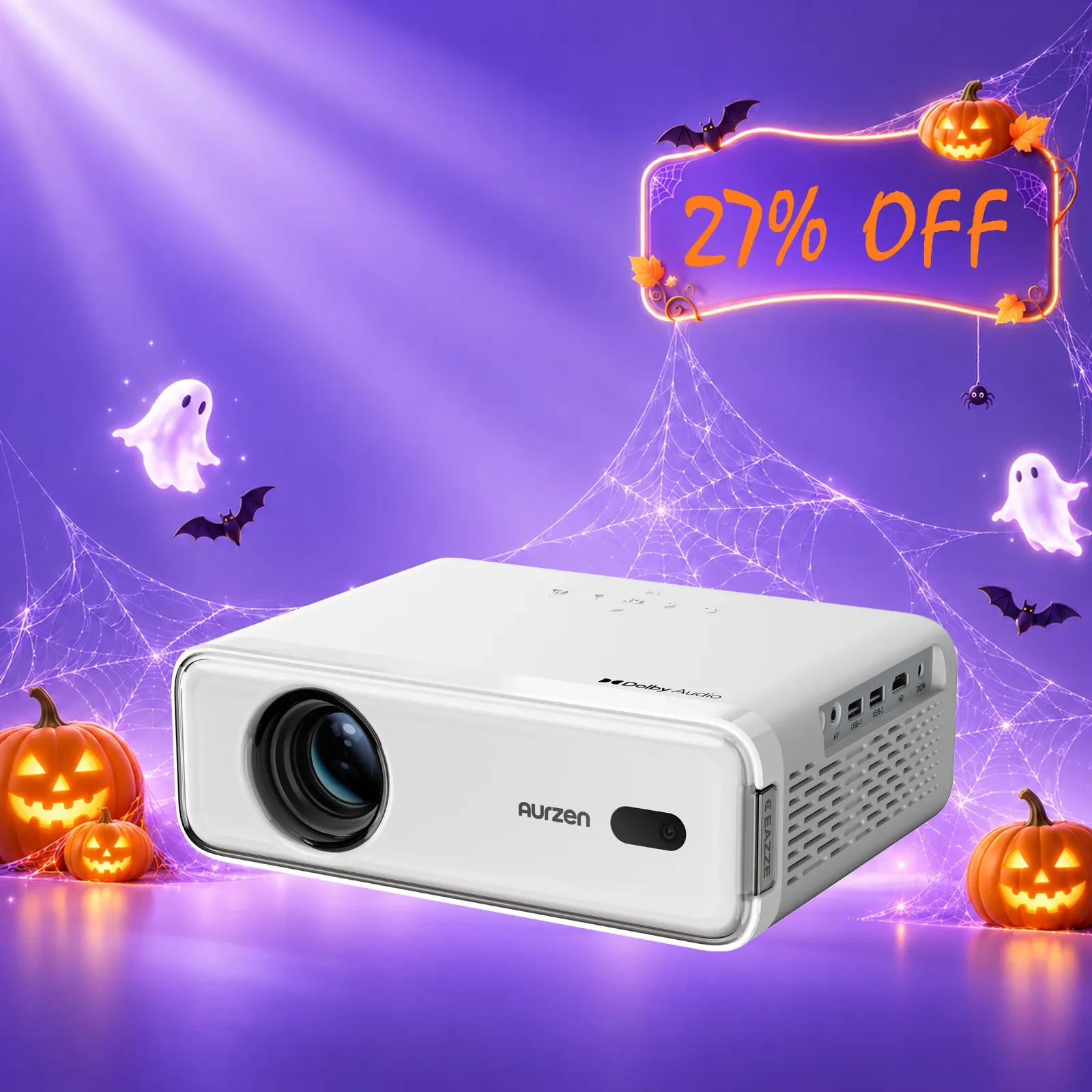 Aurzen EAZZE D1 smart projector, white body, front lens and side vent grille
