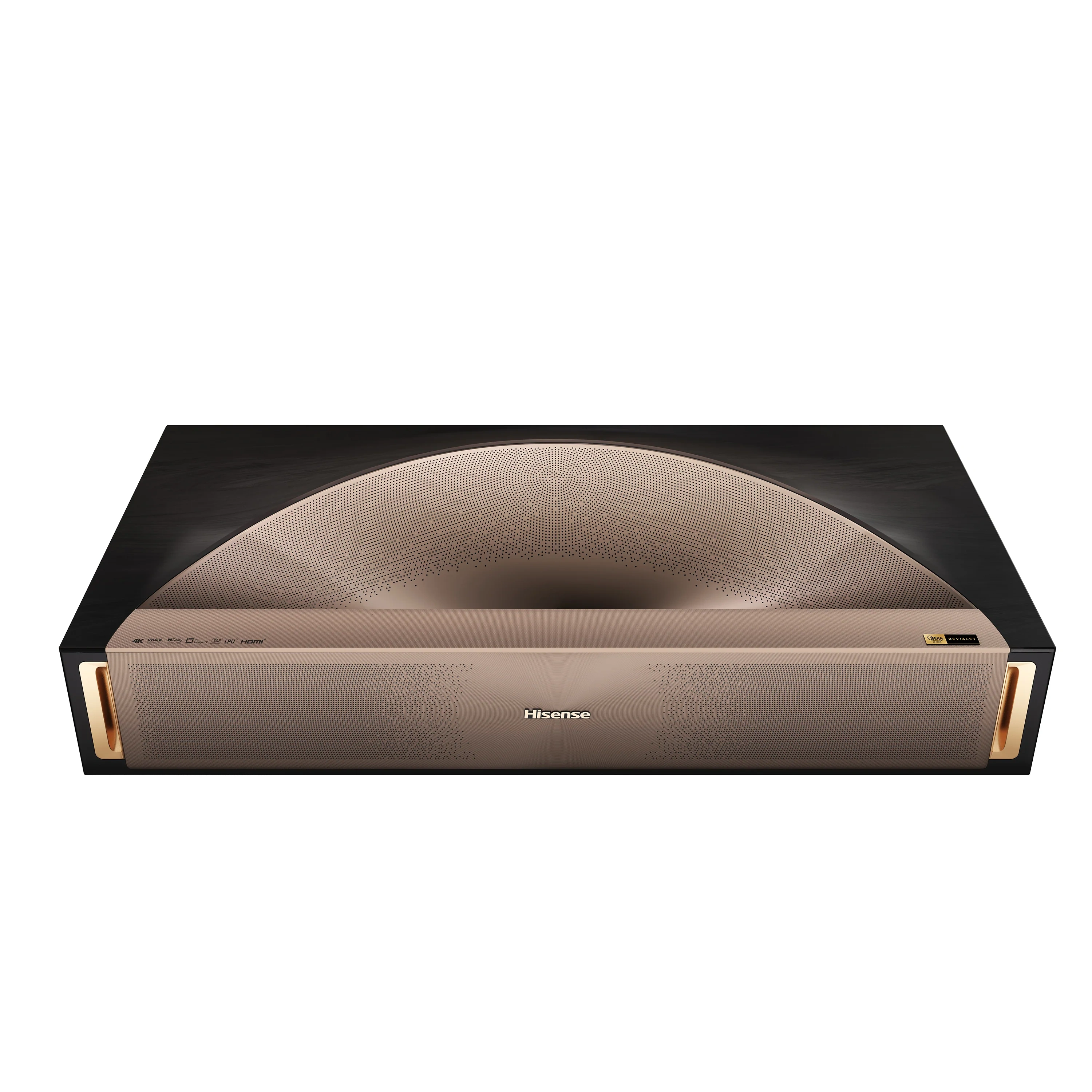 Hisense L9Q ultra short throw projector seen from the front, black chassis with a bronze speaker dome and copper side trim
