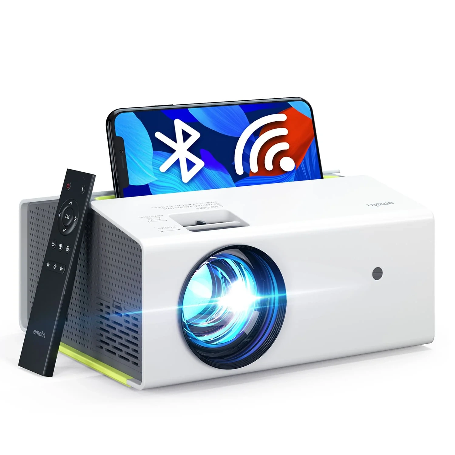 White Emotn C1 projector in three-quarter view with its remote and a phone resting in the top stand