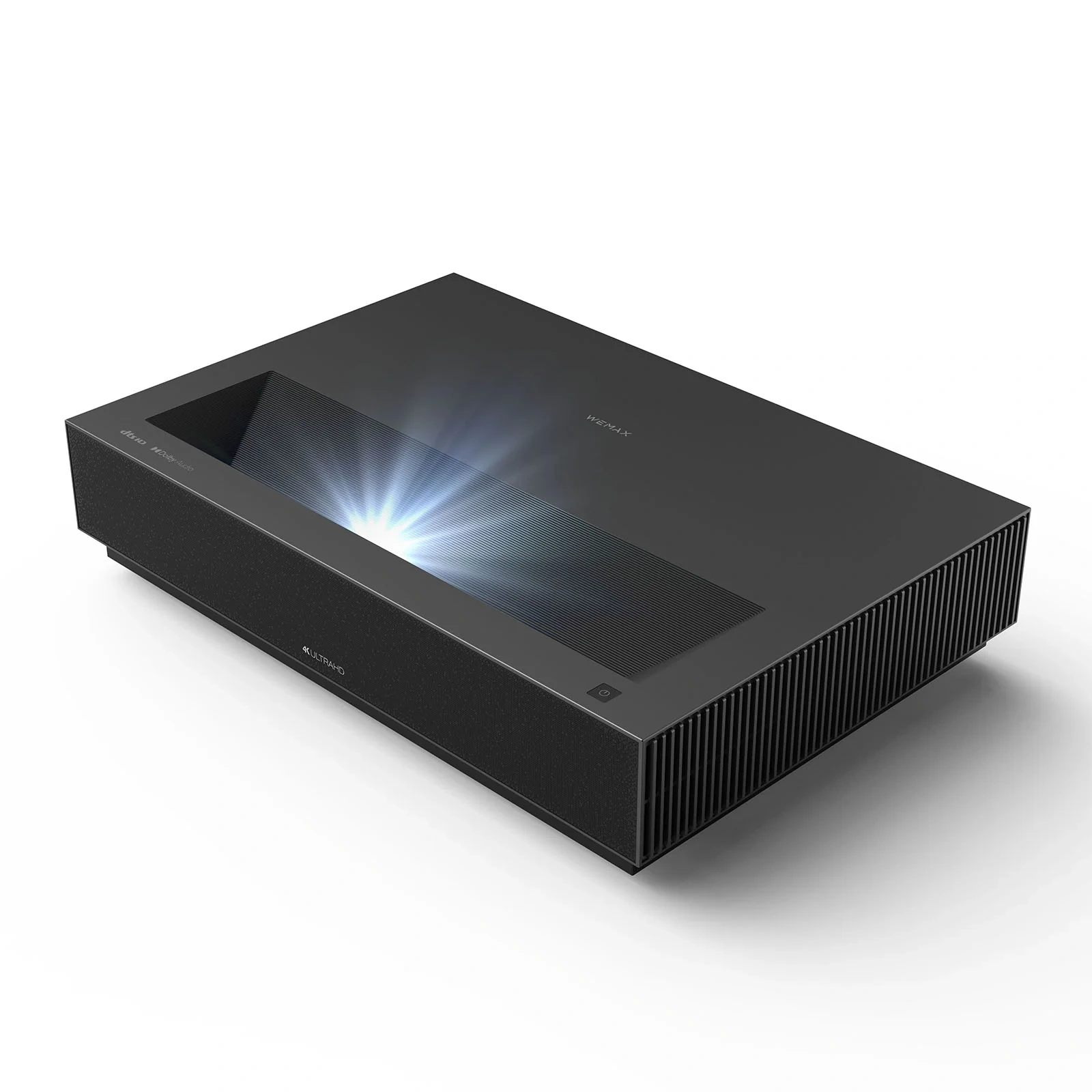 WEMAX Nova Pro ultra short throw laser projector, front three-quarter view with light beam from the lens window, black