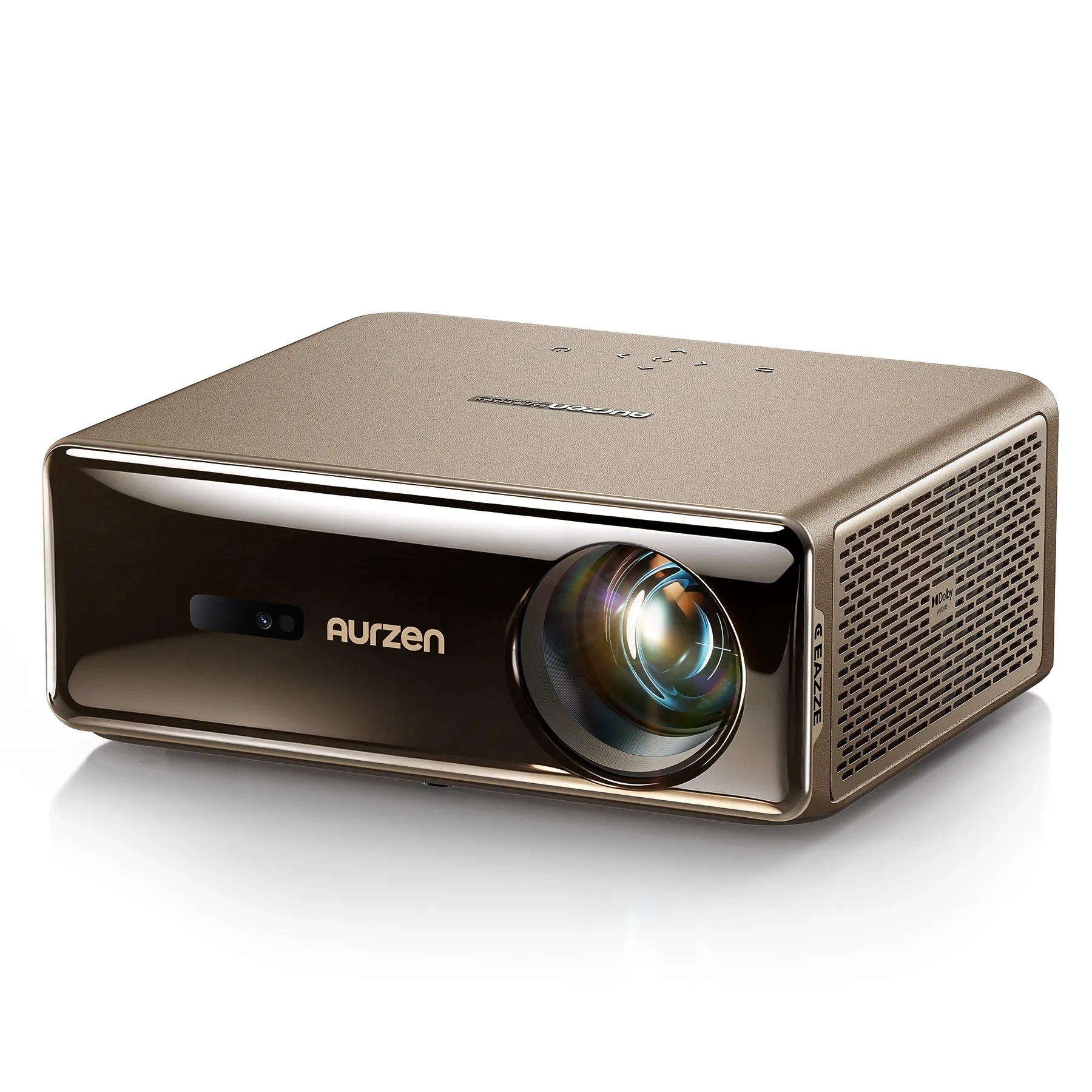 Aurzen EAZZE D1 MAX in brown on a white background, front-left three-quarter view with the large lens, camera sensor and side vent grille