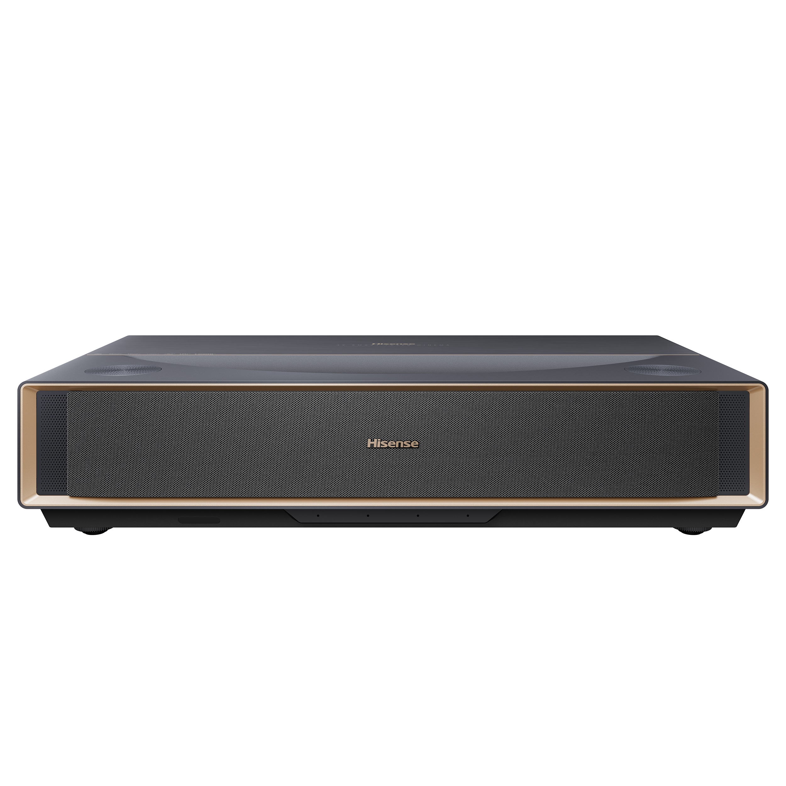 Hisense PT1 ultra-short-throw laser projector seen from the front, dark gray chassis with a gold-trimmed fabric speaker grille and the Hisense logo