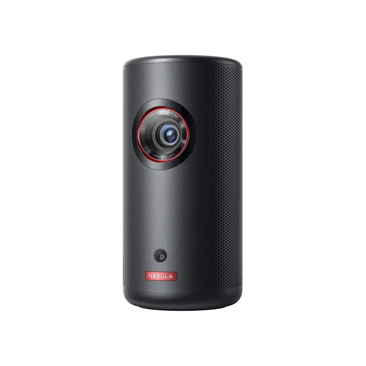 Nebula Capsule 3 Laser front view: black cylindrical projector with red-ringed lens and NEBULA badge