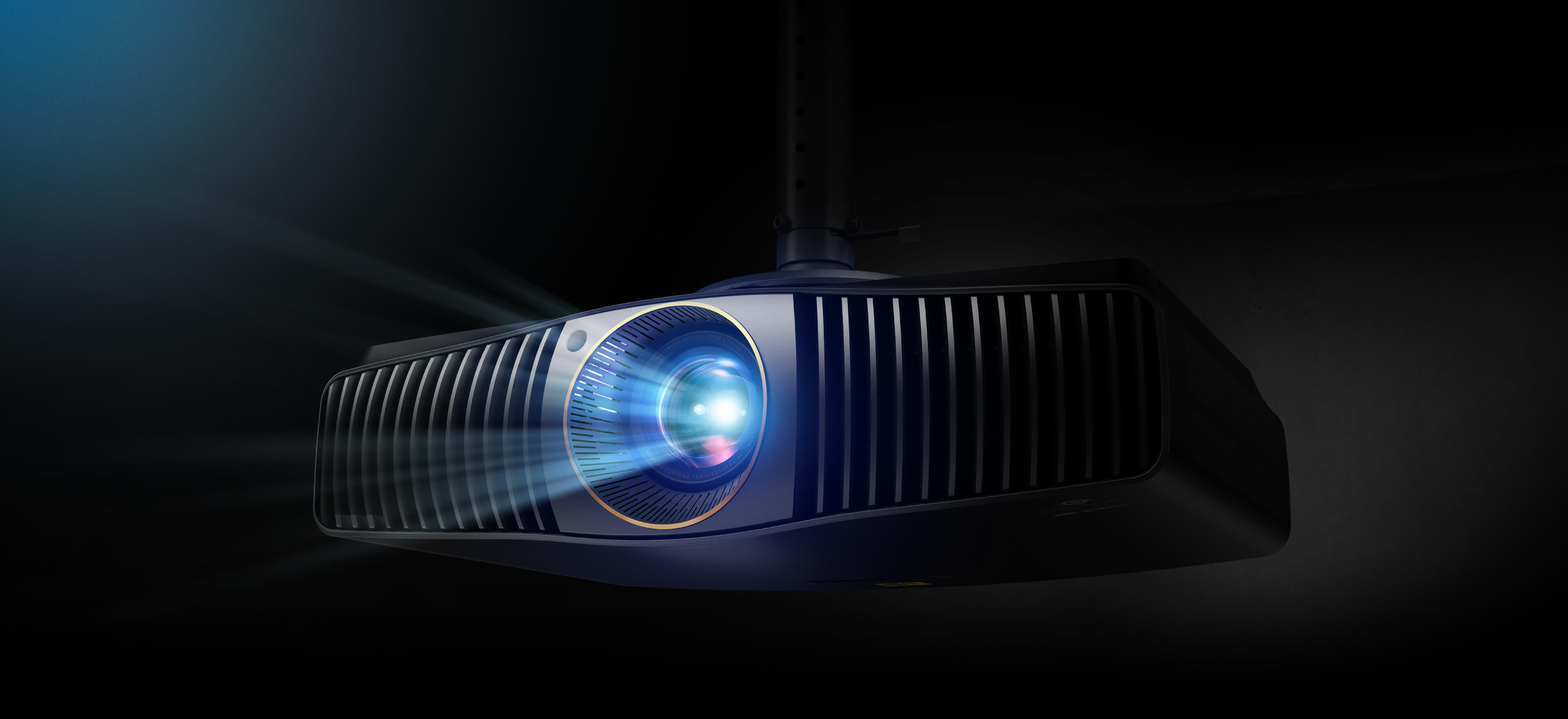 BenQ W5850 projector ceiling-mounted, front three-quarter view from below with a blue light beam