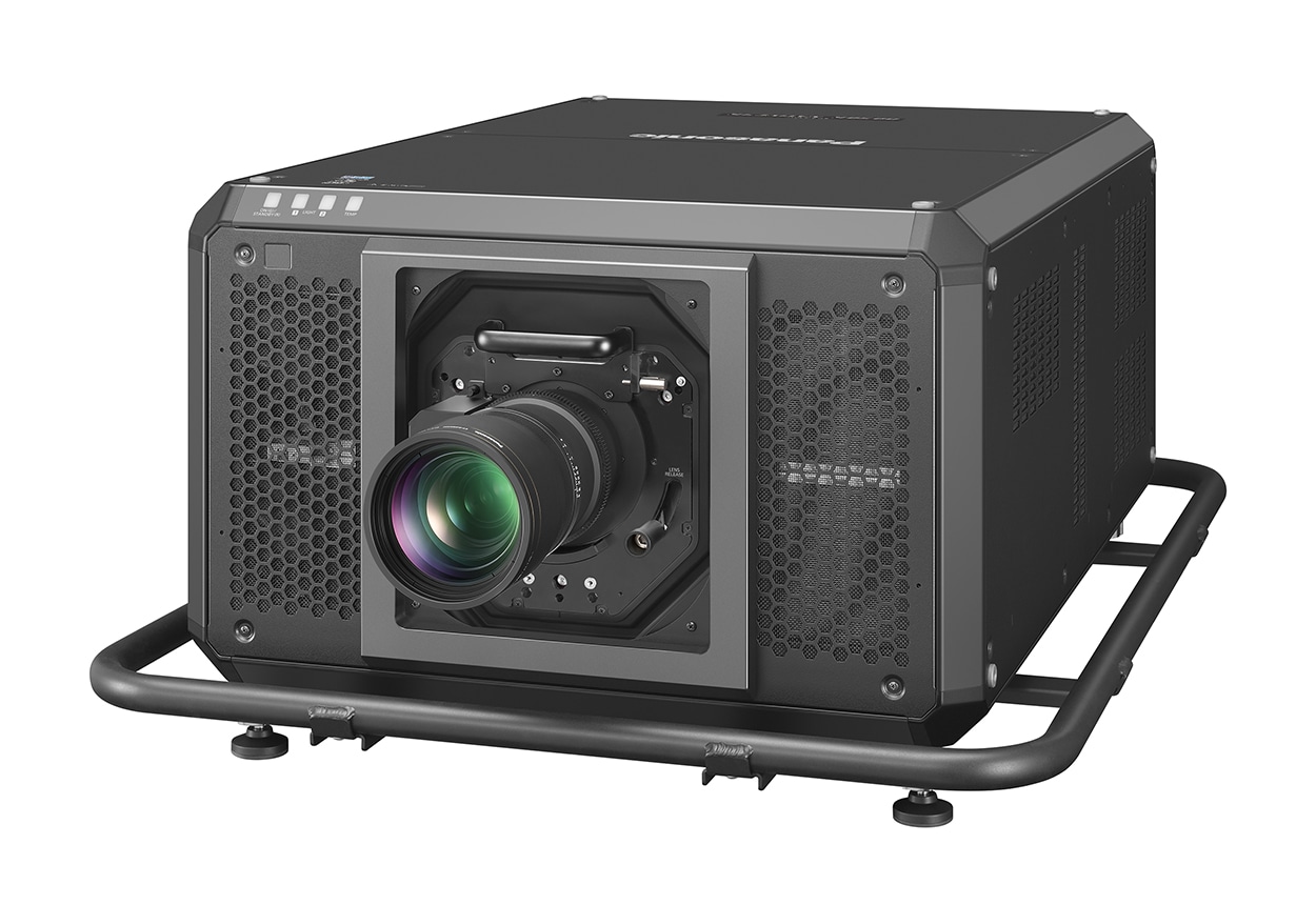 Panasonic PT-RQ50K black large-venue projector, front three-quarter view with a zoom lens fitted and the handle frame around the chassis