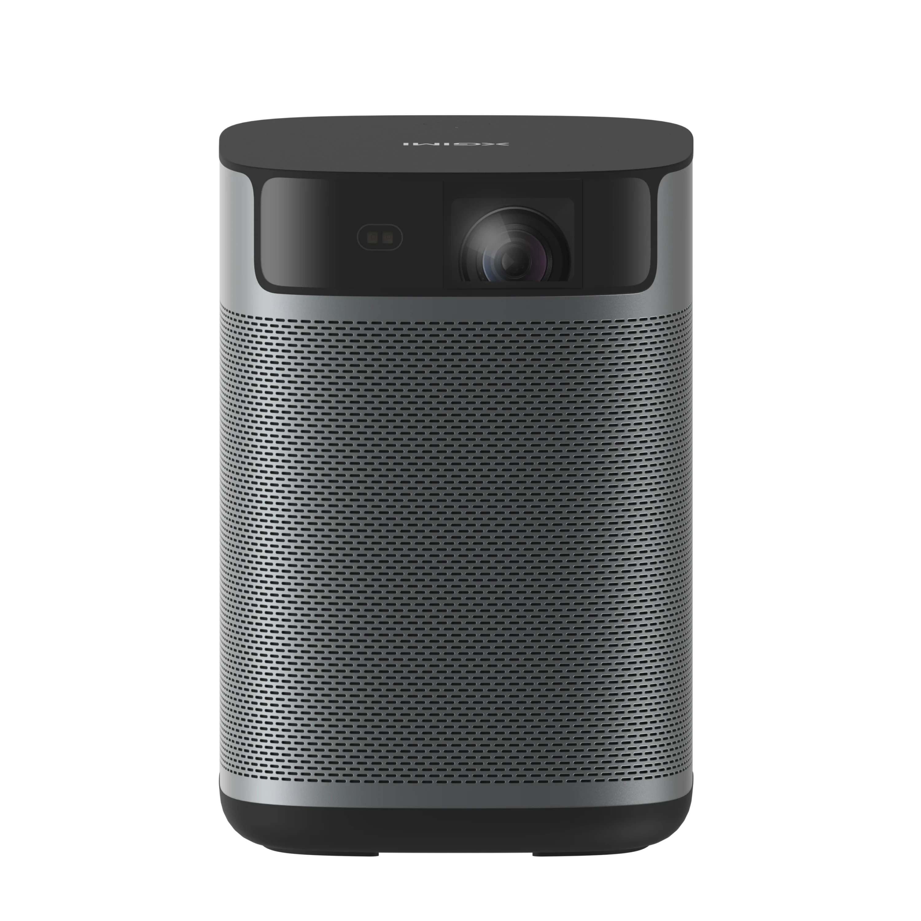 XGIMI MoGo 2 Pro (New) front view, dark grey cube-shaped projector with perforated speaker grille, lens and sensor window at the top