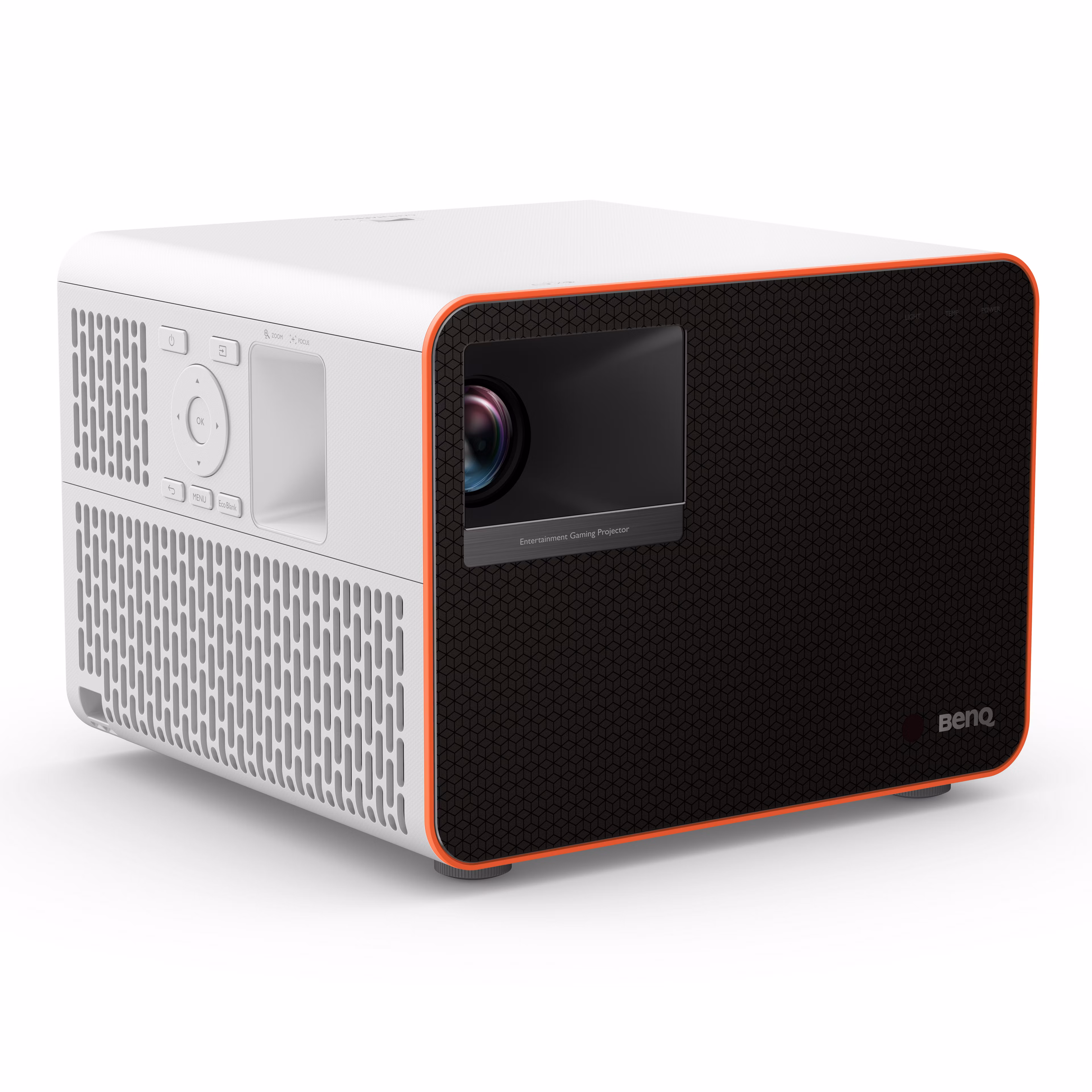 BenQ X1300i white cube projector, front three-quarter view from the right, black patterned front grille with an orange trim and the control pad on the side