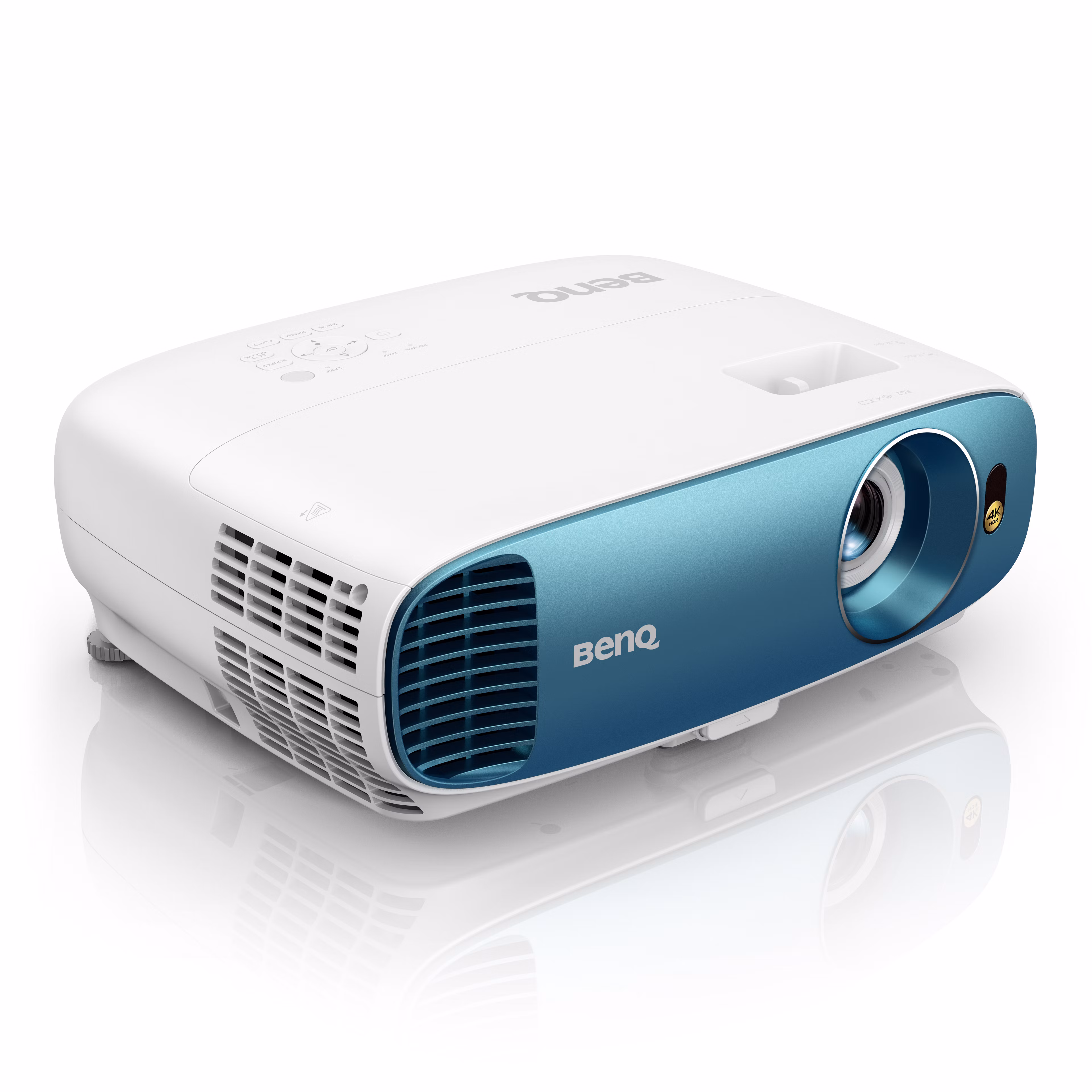 BenQ TK800M projector, front three-quarter view from the right, white body with a blue front panel