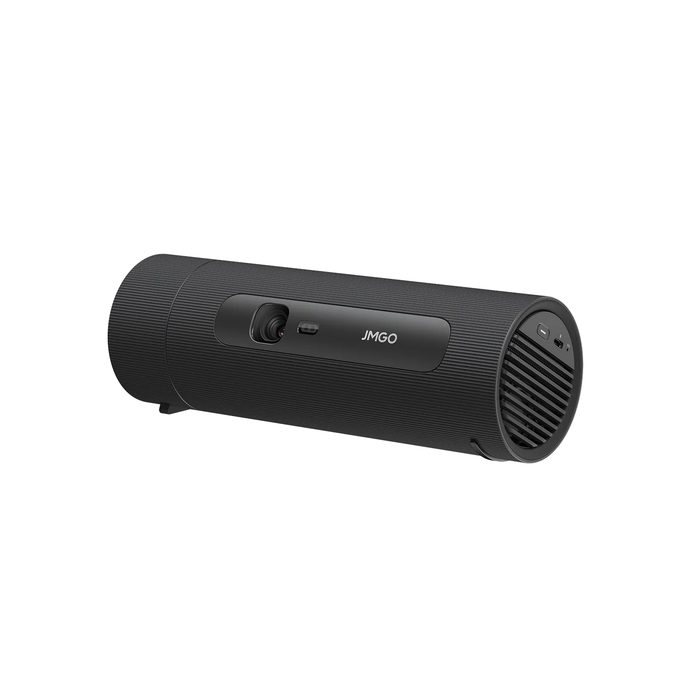 JMGO PicoFlix portable projector, black cylindrical body lying on its side, front three-quarter view showing the lens and JMGO logo