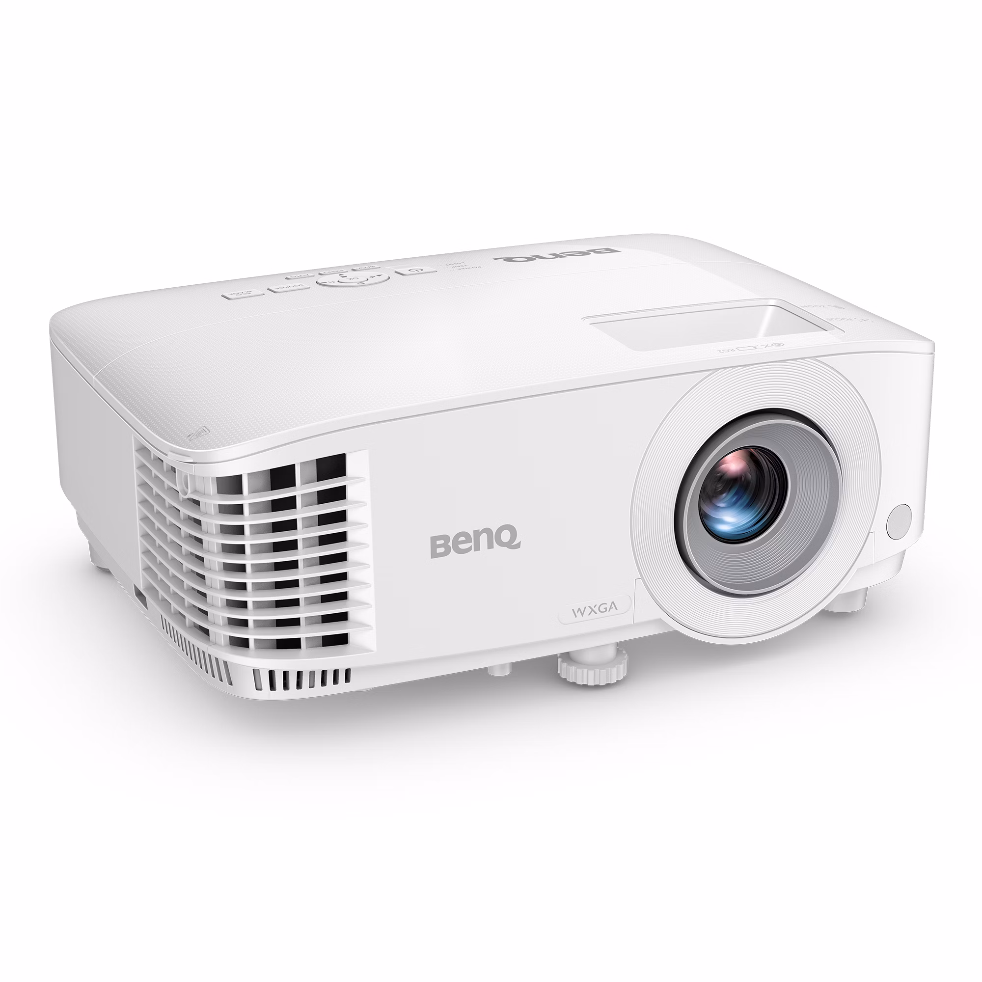 BenQ MW560C white projector seen from the front right, showing the lens, side vents and top control panel