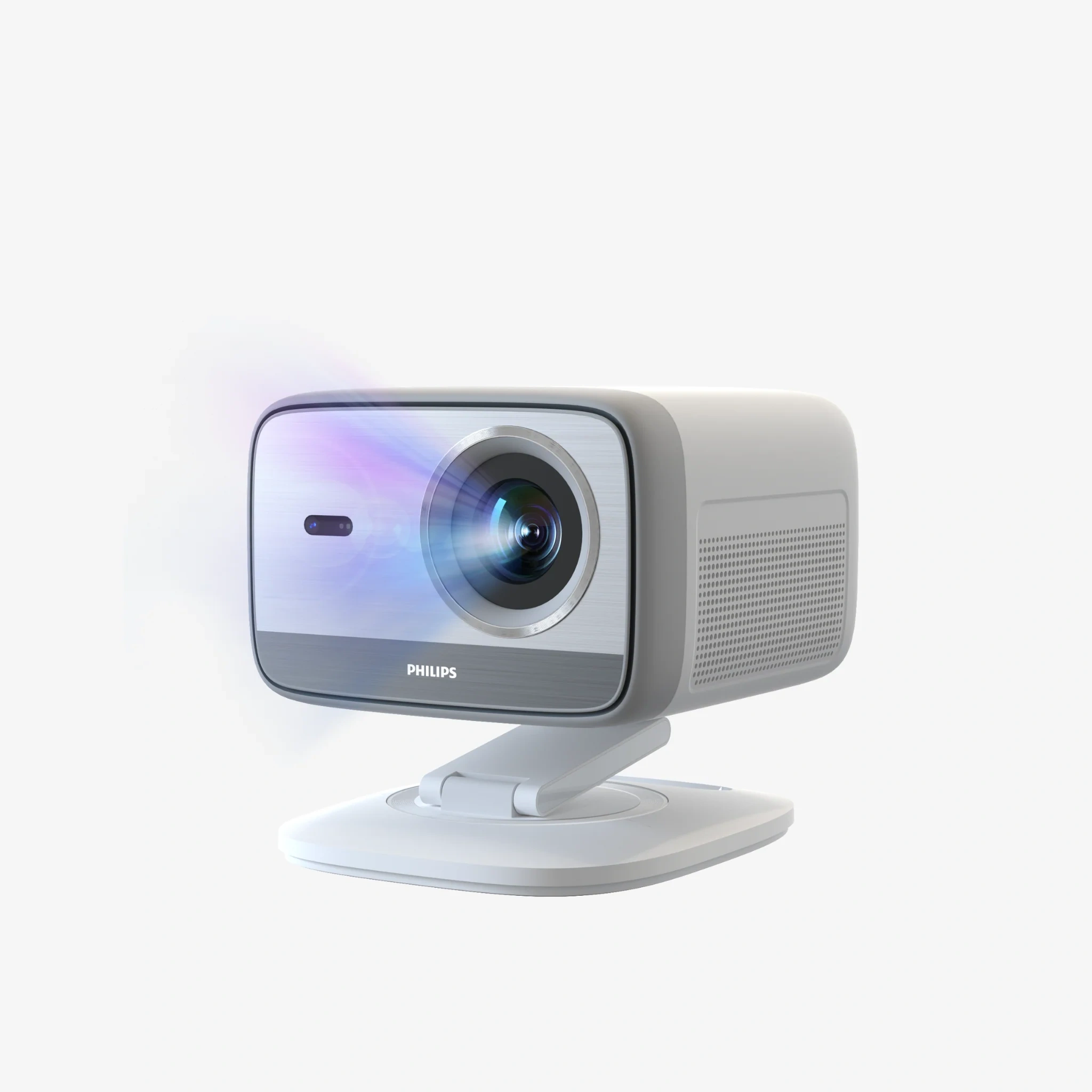 Philips NeoPix 444 front three-quarter view from the left, white and grey body on its swivel stand, lens glowing with coloured light