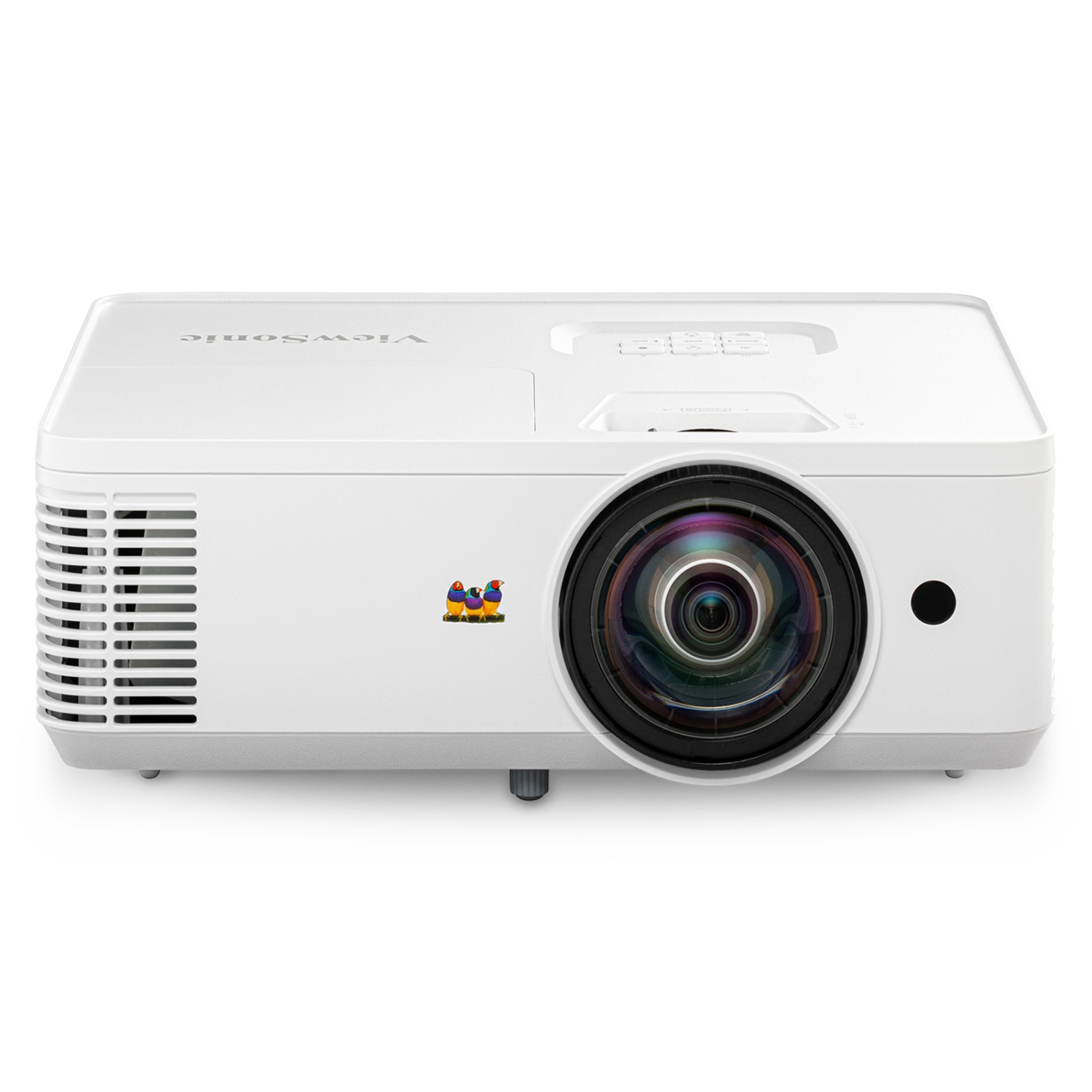 ViewSonic PS502W white short-throw projector, front three-quarter view with the lens at the front right