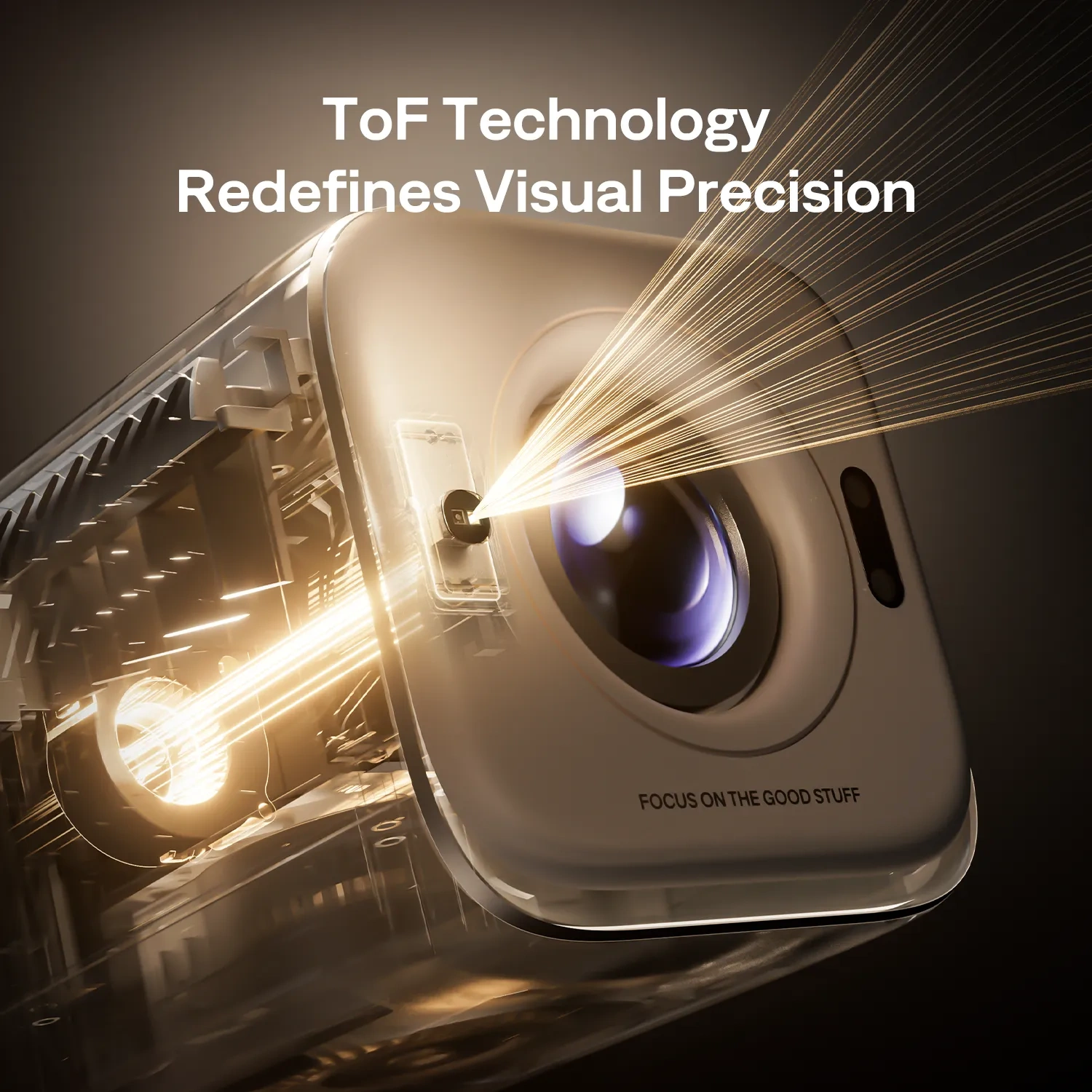 Aurzen BOOM air front face with round lens, ToF sensor window and 'Focus on the good stuff' print, cream body, shown in a cutaway render