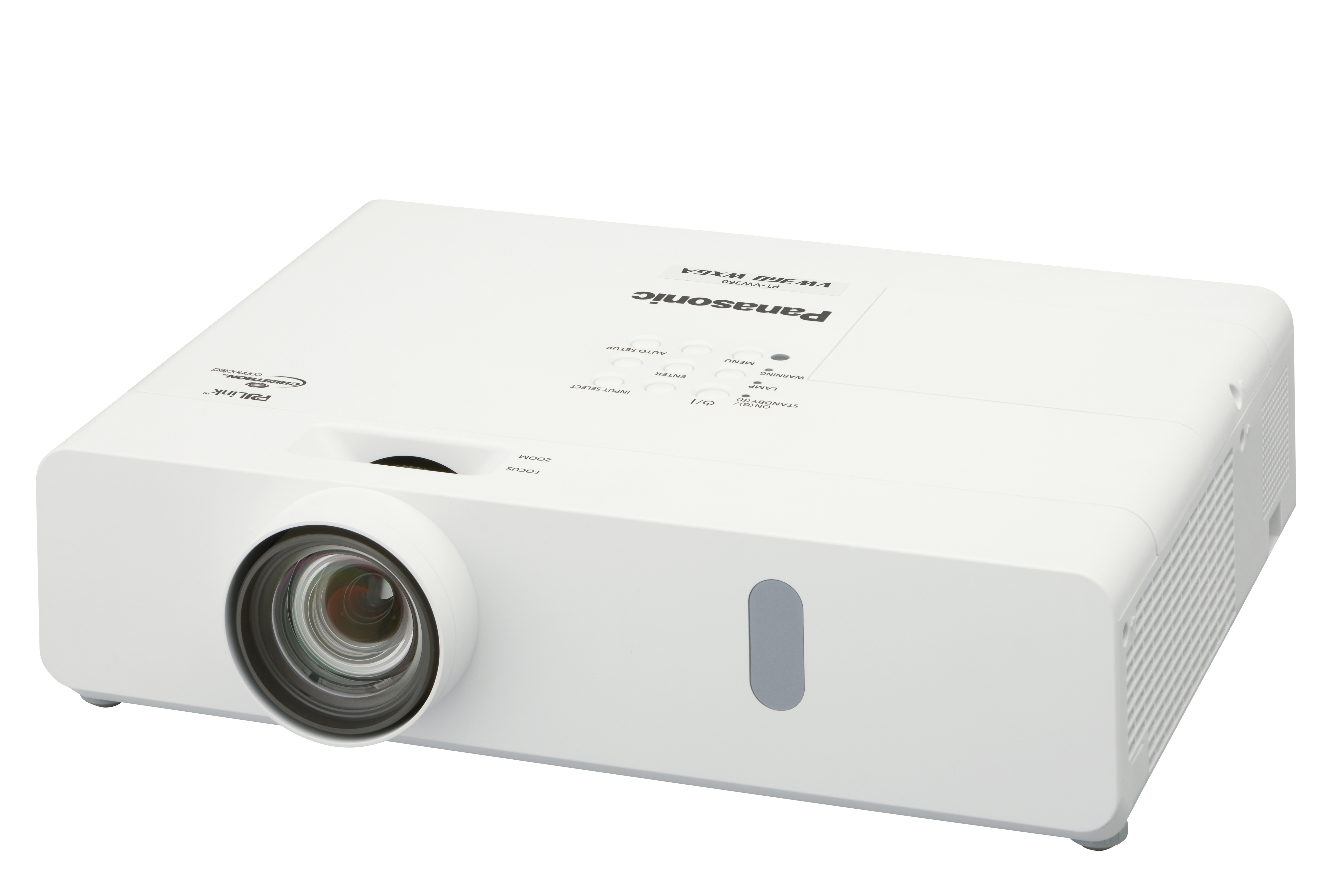 Panasonic PT-VW360 white portable projector, front three-quarter view from above showing the top control panel and zoom lens