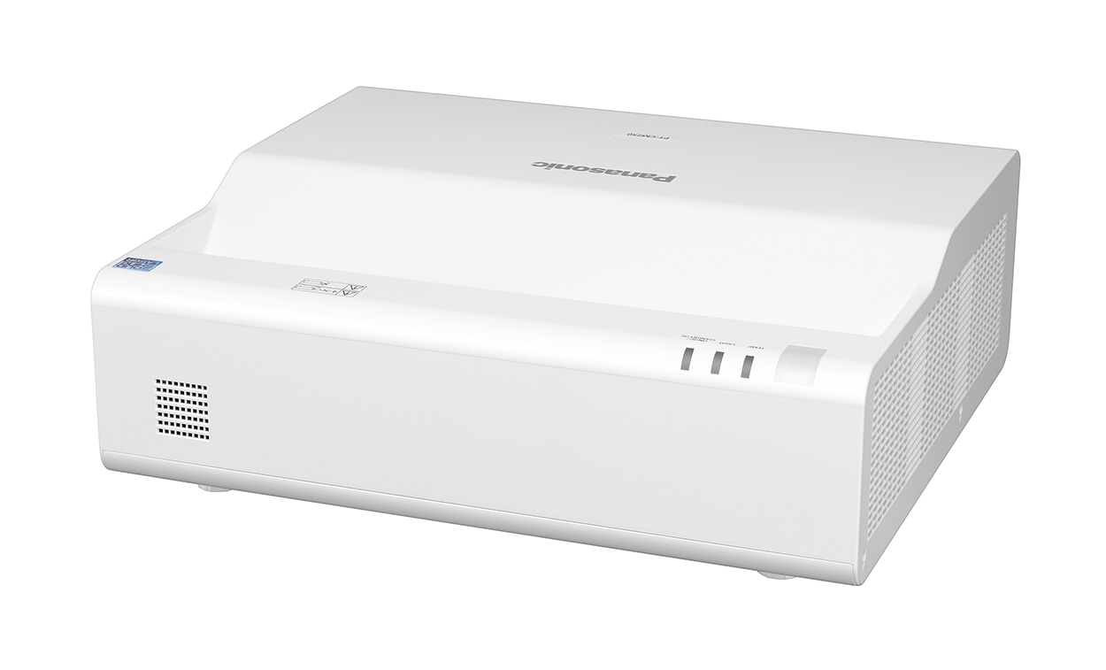 Panasonic PT-CMZ50 in white, front left three-quarter view
