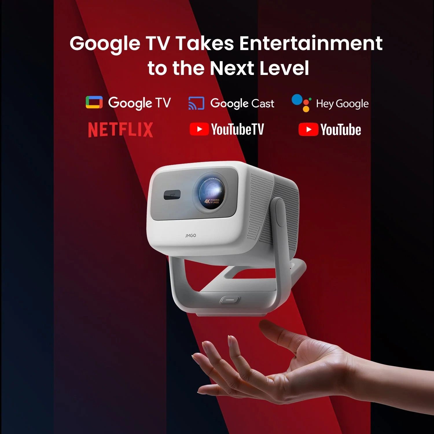 JMGO N1S 4K front three-quarter view in white and grey on its gimbal stand, with Google TV and Netflix logos