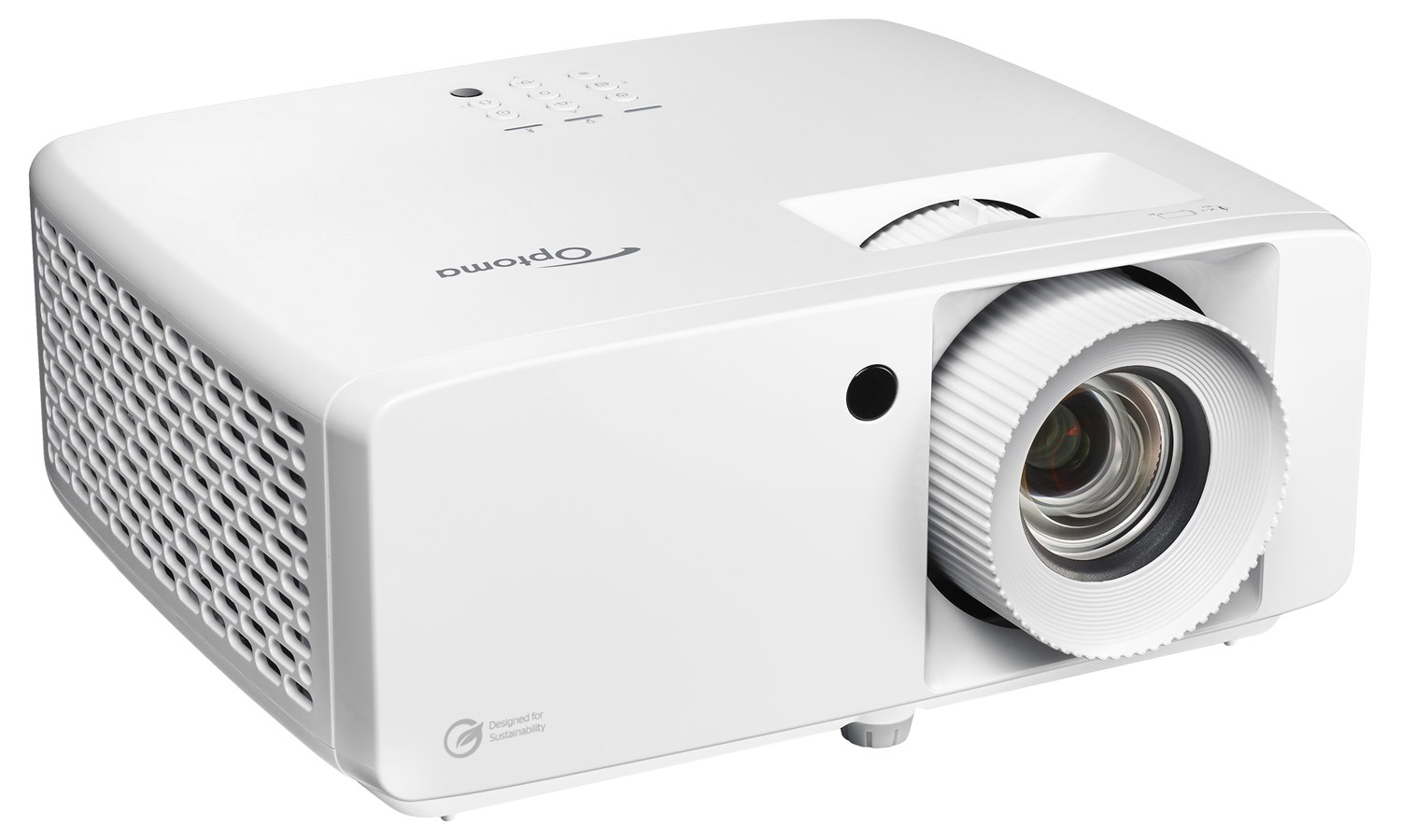 Optoma ZK450 white compact projector, front three-quarter view showing the left-side vent grille, top keypad and zoom lens