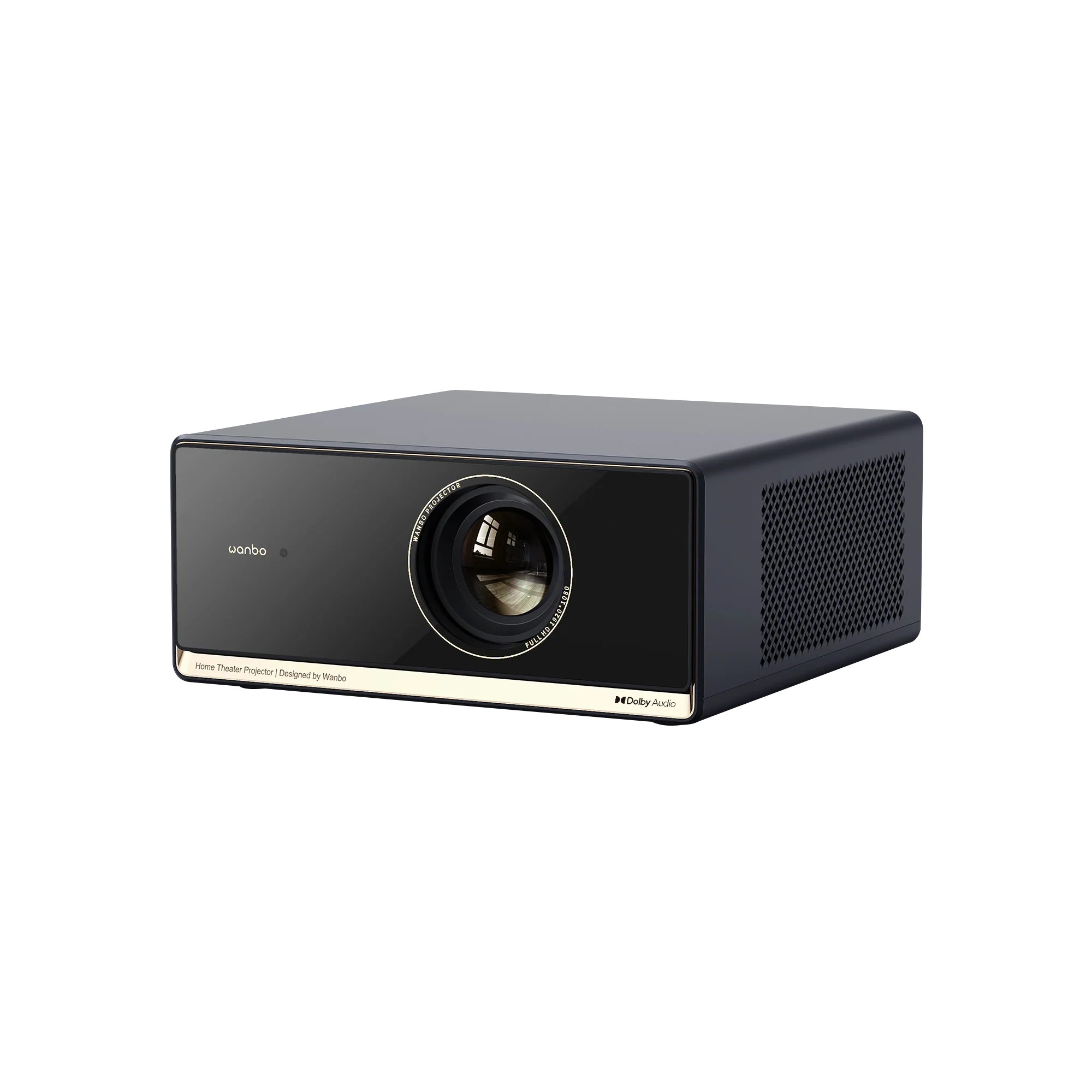 Wanbo X5S projector, front three-quarter view from the left, black body with gold trim strip and ventilation grille on the right side